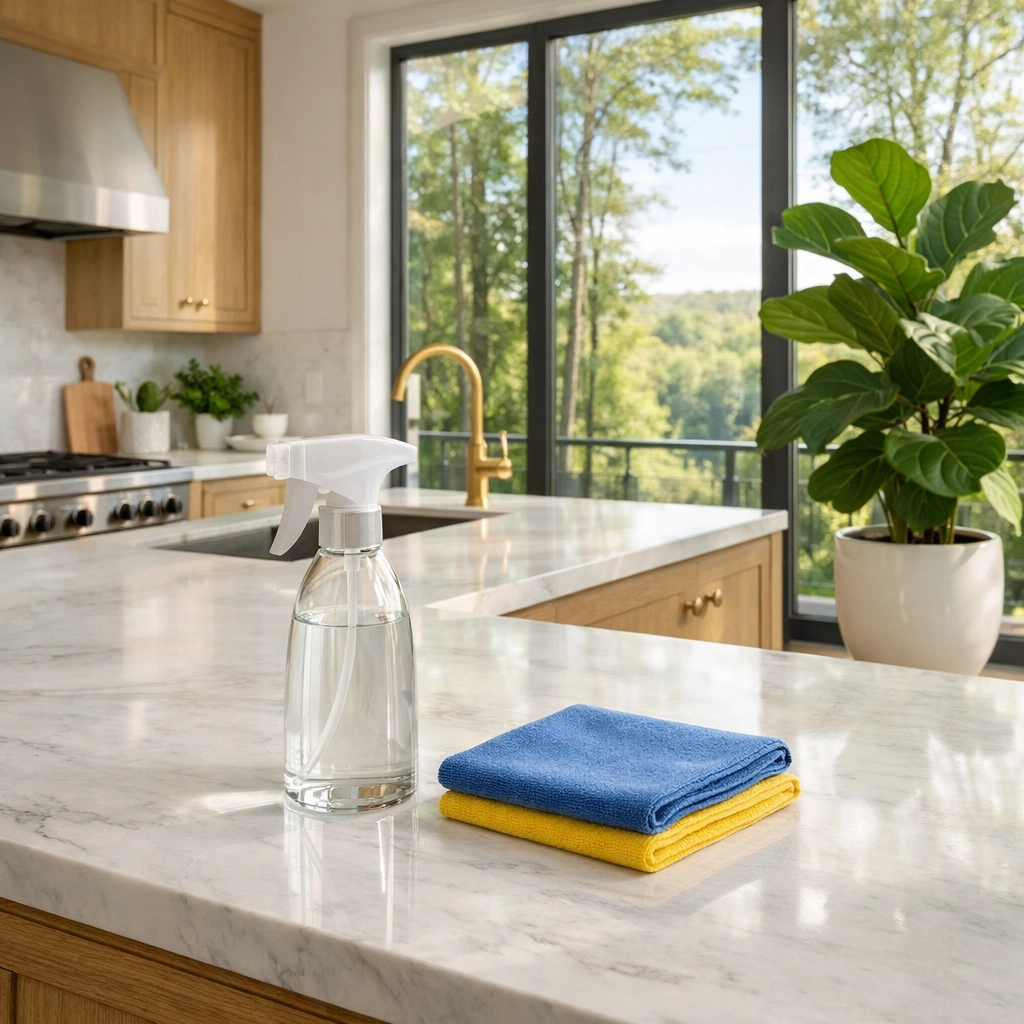 Eco-friendly residential cleaning in a luxury Massachusetts kitchen with marble countertops and green views.