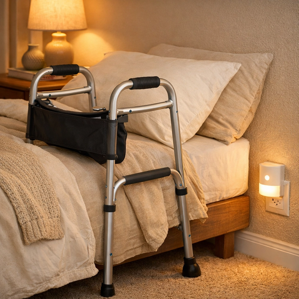 A walker parked safely next to a bed in a well-lit bedroom with a motion-sensor nightlight.