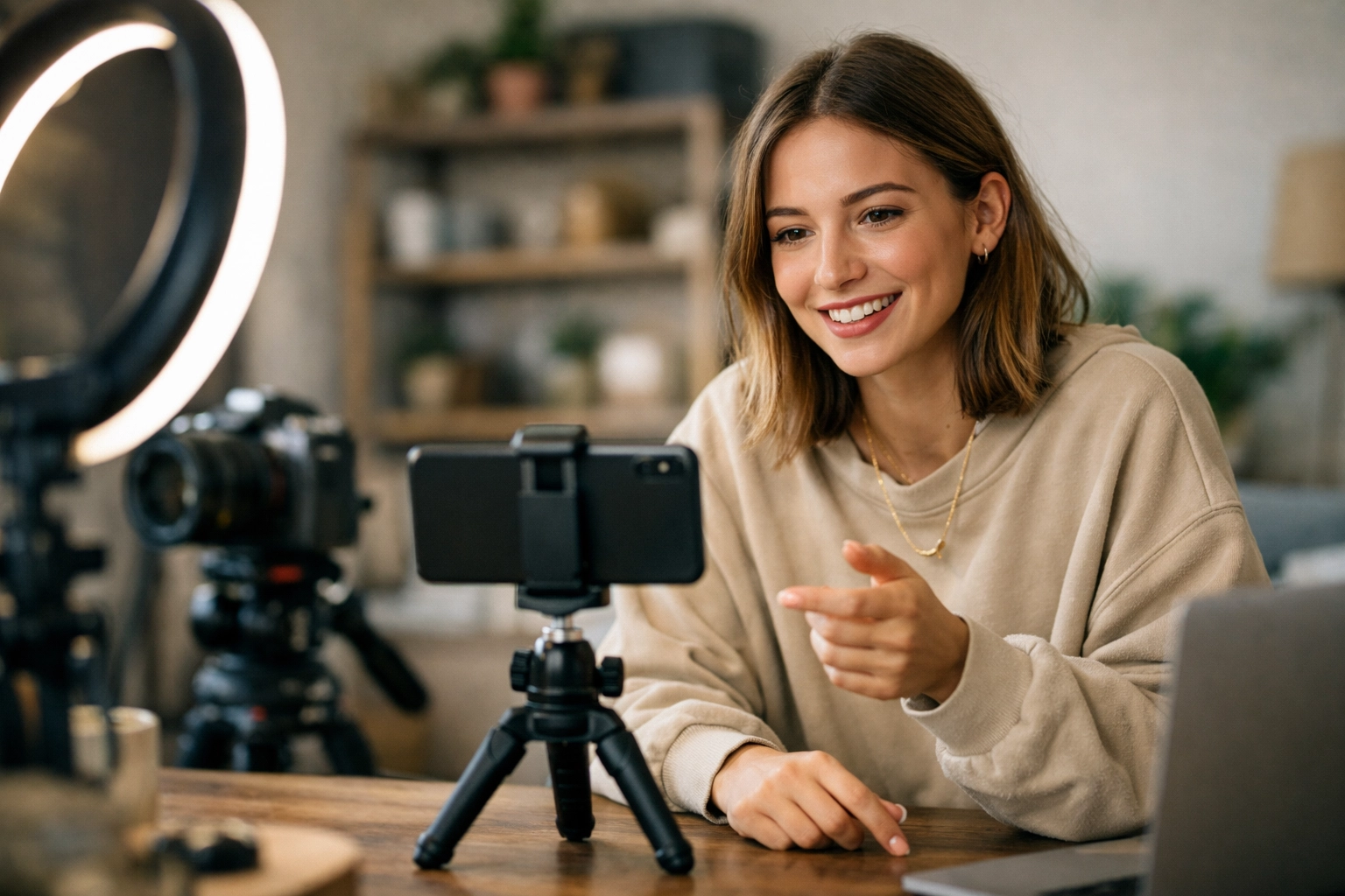 Content creator filming authentic behind-the-scenes video with smartphone for influencer marketing campaign