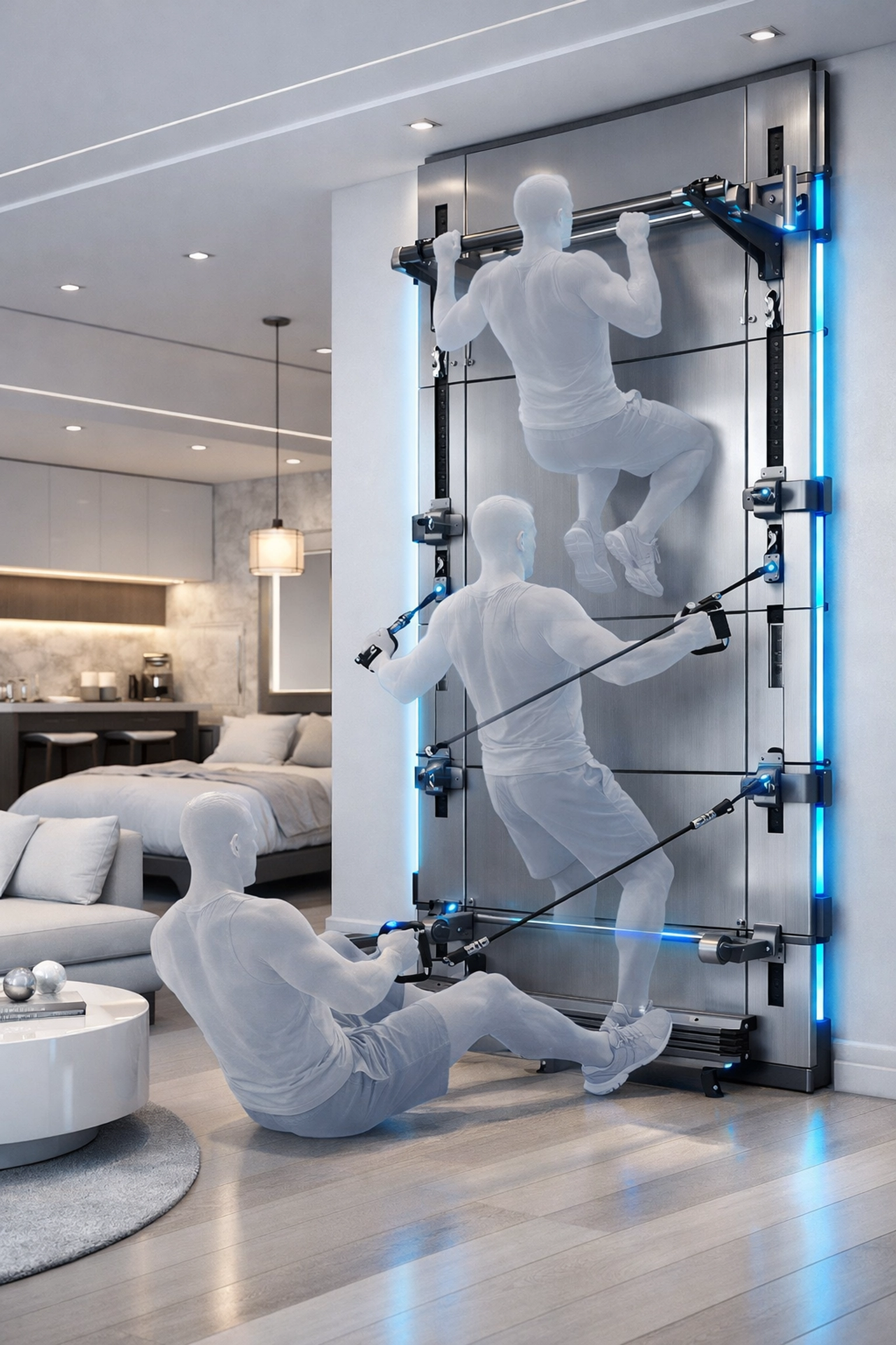 Composite view of pull-ups and rows on a versatile home gym for a full body workout at home.