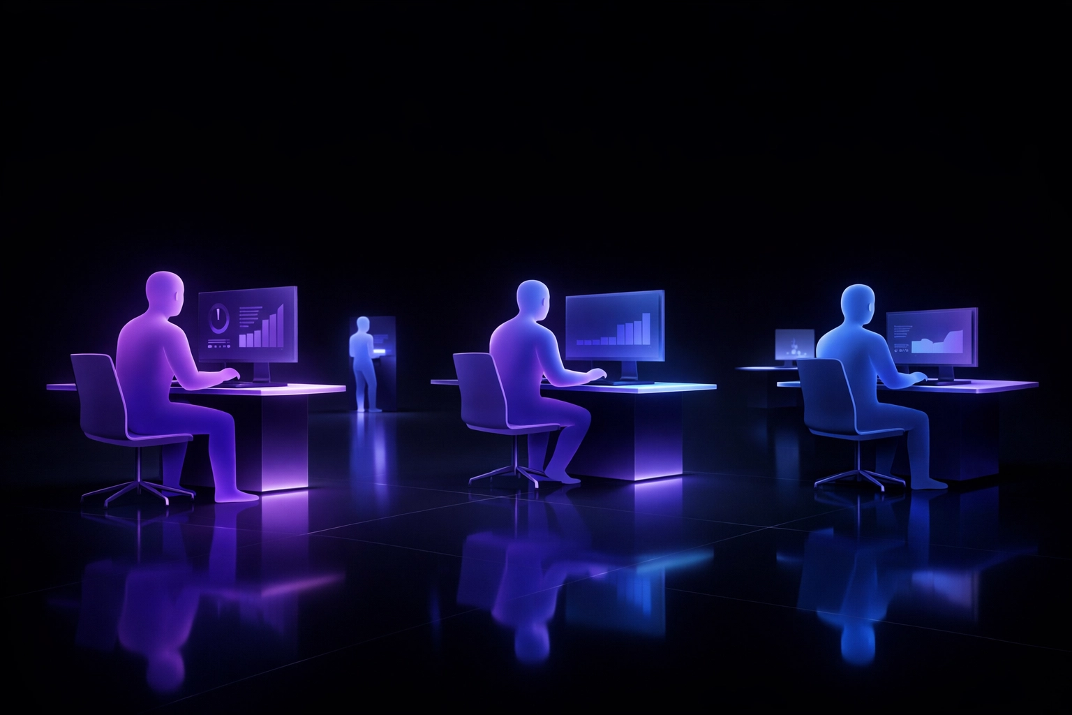 Digital avatars representing a 24/7 automated workforce of AI agents for small business growth.