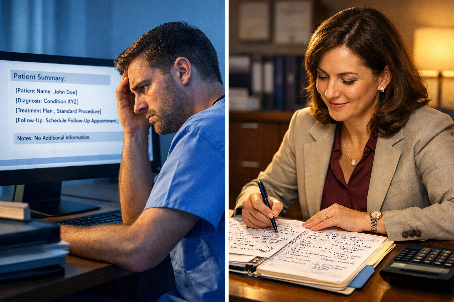 2026 CMS Prior Auth Rules: 7 Mistakes You're Making With Documentation (And How to Fix Them Before January) Medical billing specialist reviewing patient documentation with human oversight versus automated AI system