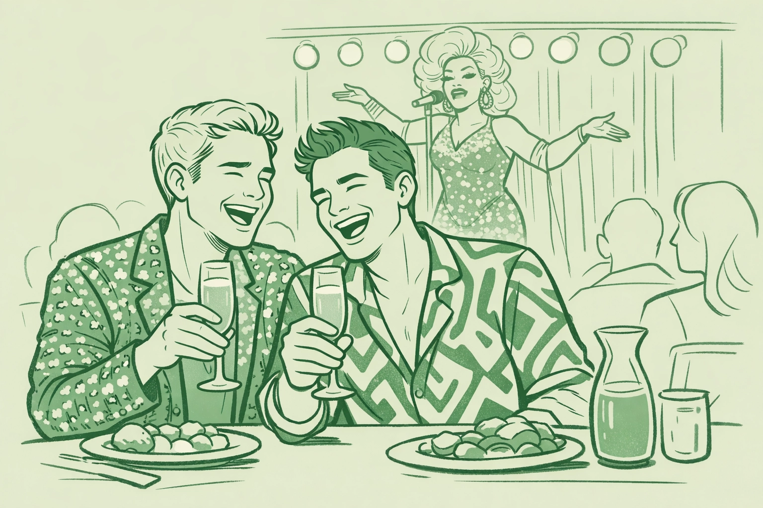 Two gay men enjoying mimosas at drag brunch with drag queen performing on stage