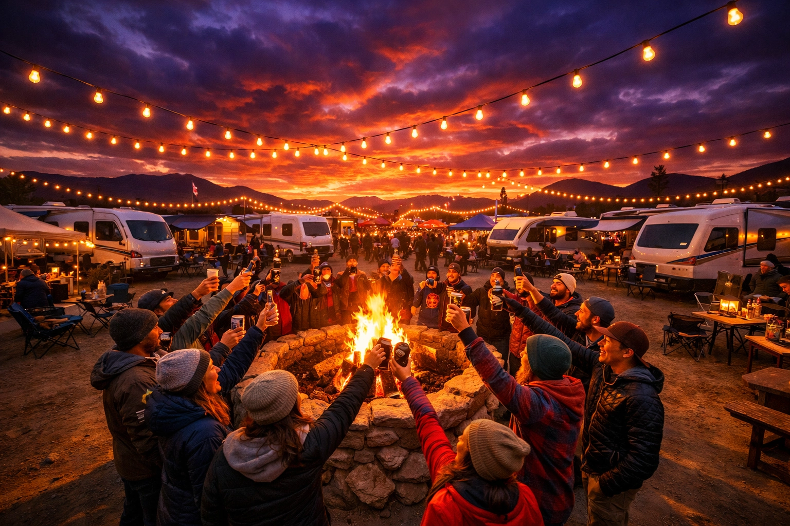 Vibrant outdoor RV festival and whiskey tasting event under string lights at Reno-Sparks Livestock Events Center.