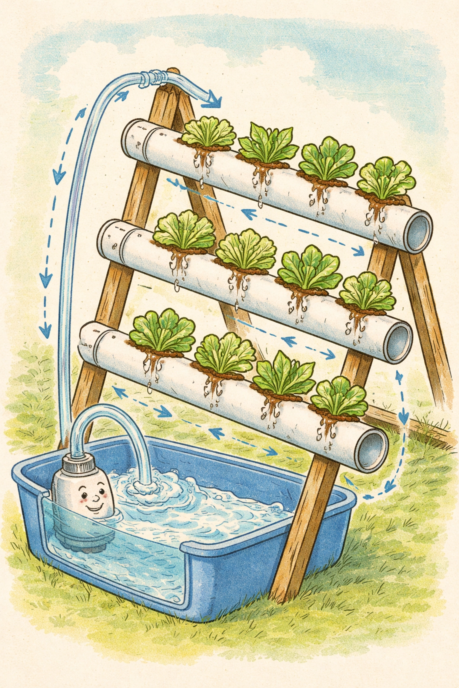 Cross-section illustration of A-frame hydroponic system showing water circulating through PVC pipes and plant roots.