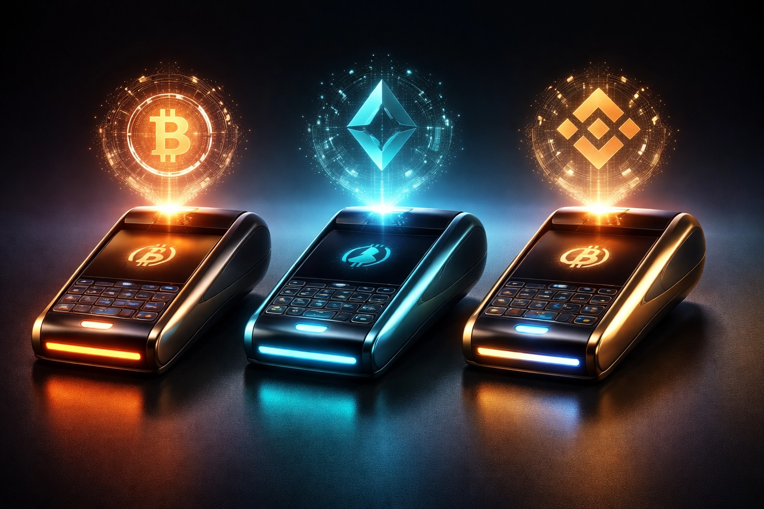 Comparison of crypto POS systems, showing three futuristic payment terminals for small business payments