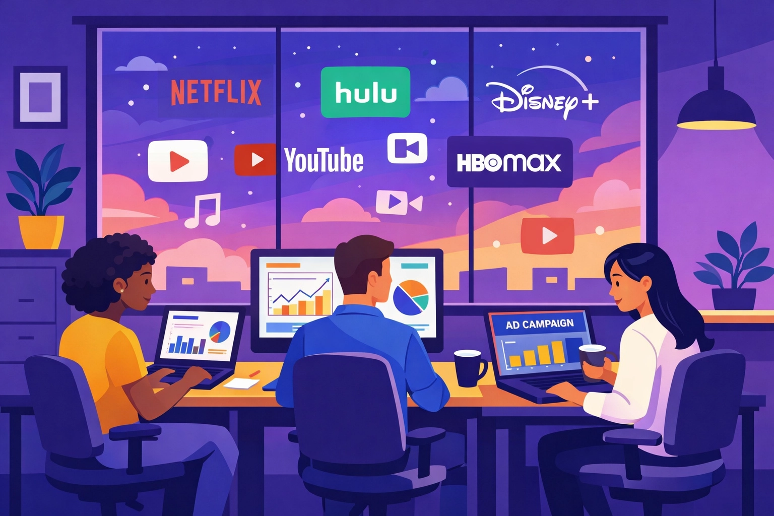 Digital agency team managing CTV advertising campaigns and earning cashback dividends