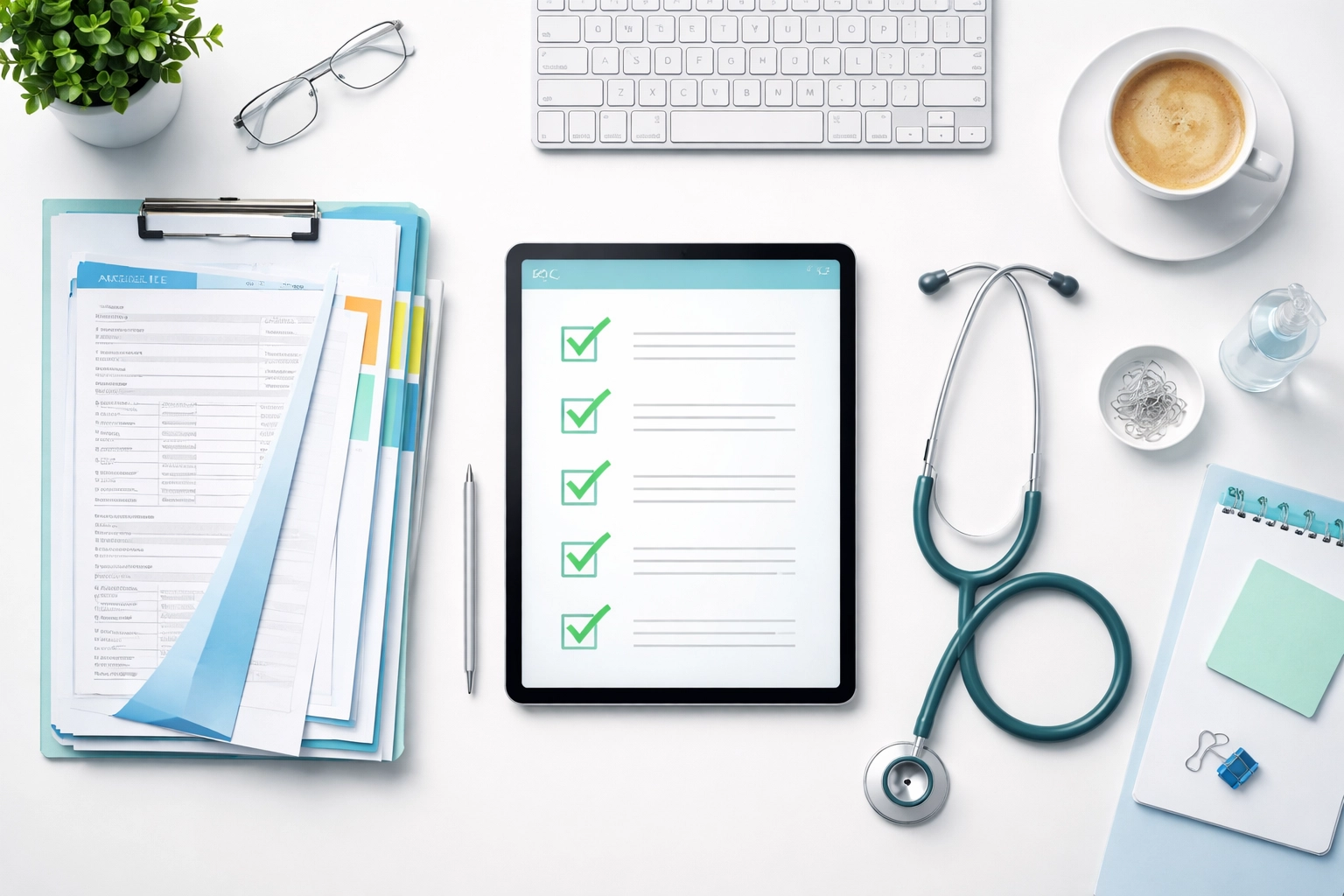 Organized medical documentation desk with tablet checklist, files, and stethoscope showing audit readiness