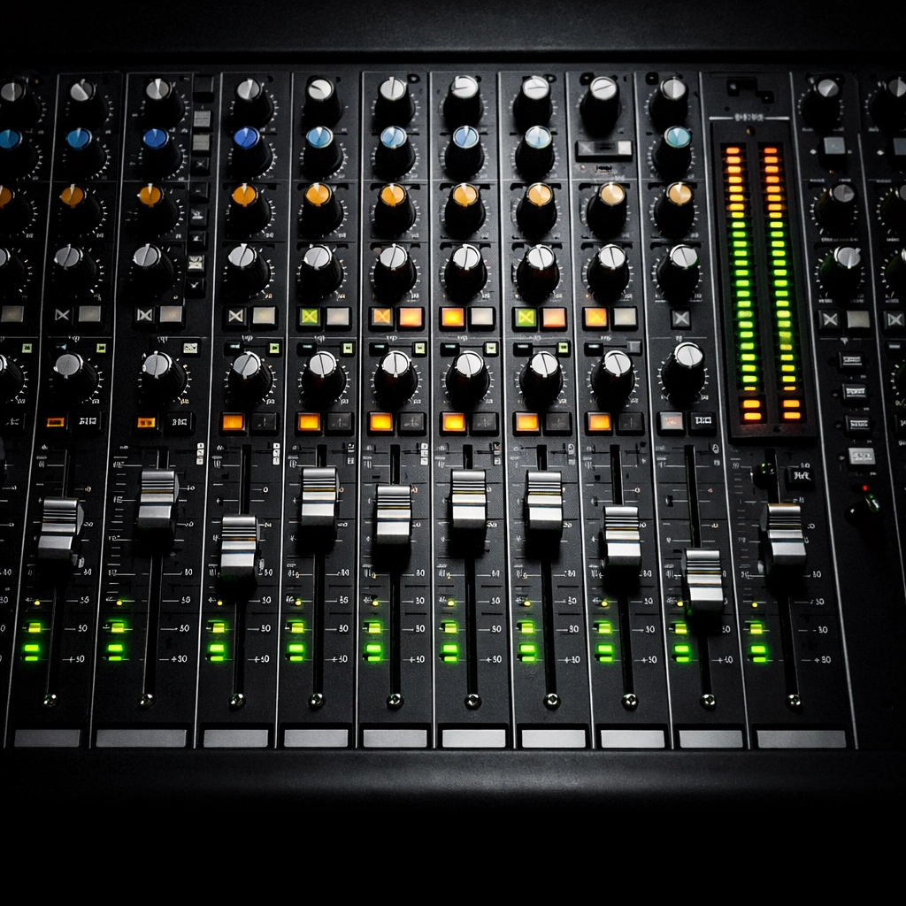 Audio mixing board with channel faders and signal meters for sound system troubleshooting
