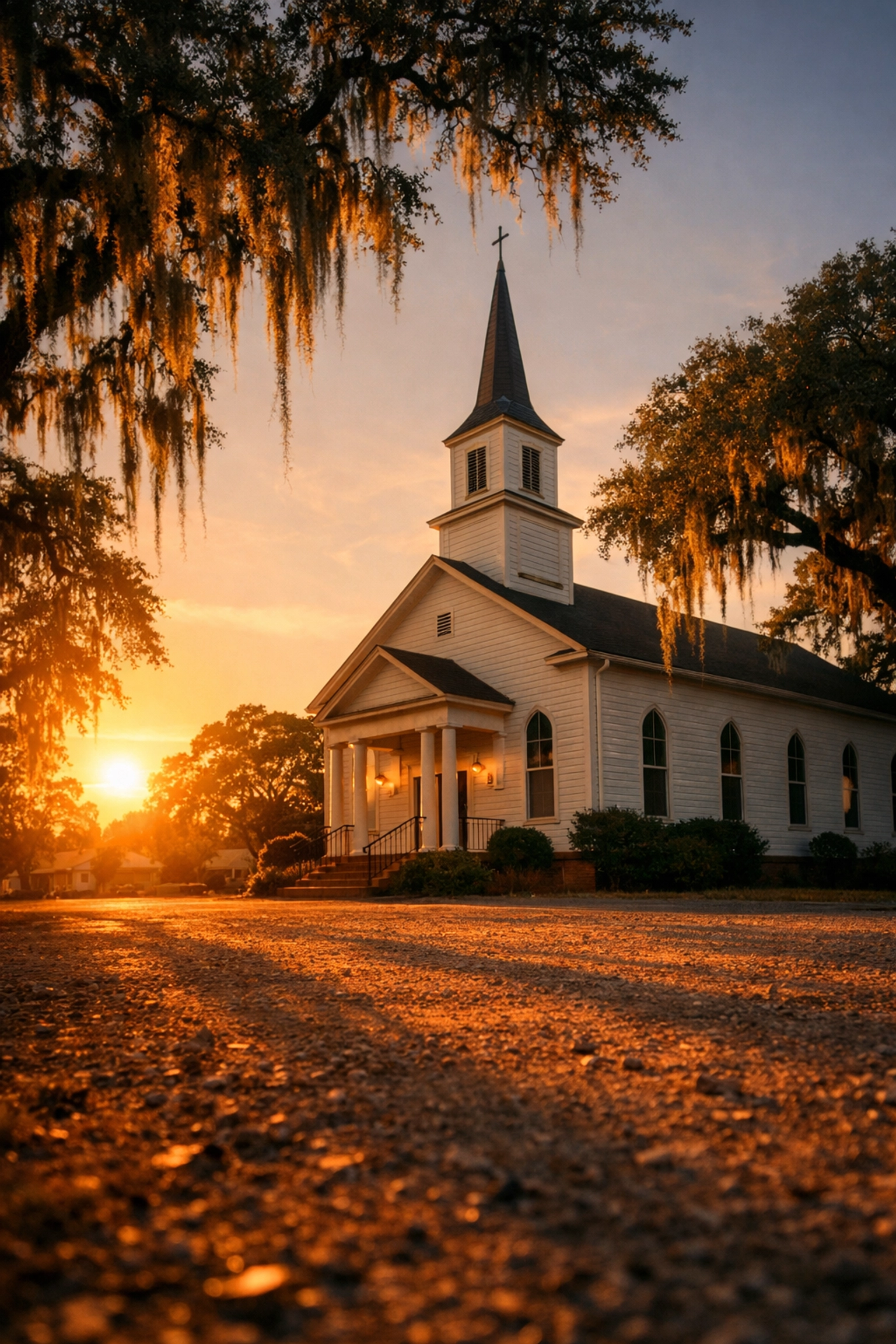 Southern Baptist church at sunset in the Deep South where Tyler grew up in gay romance story