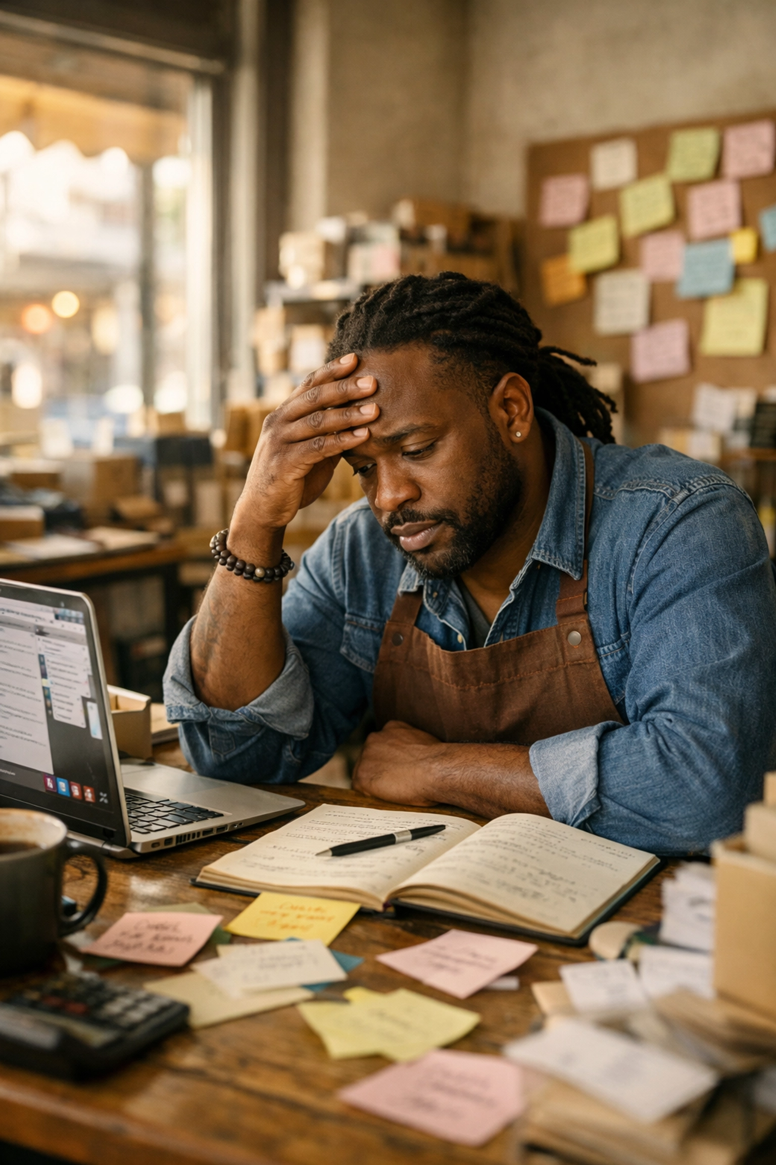 Black business owner overwhelmed managing customer data manually without retention systems