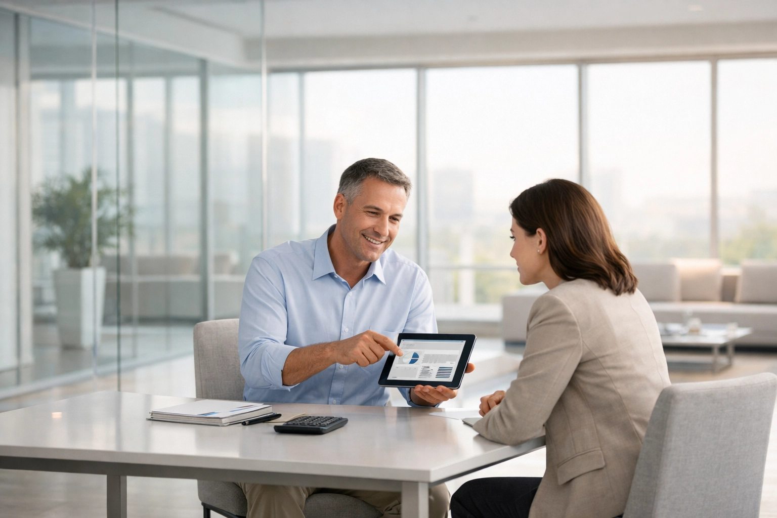 A professional tax preparer helping a client with Form 1099-DA reporting in a modern office.