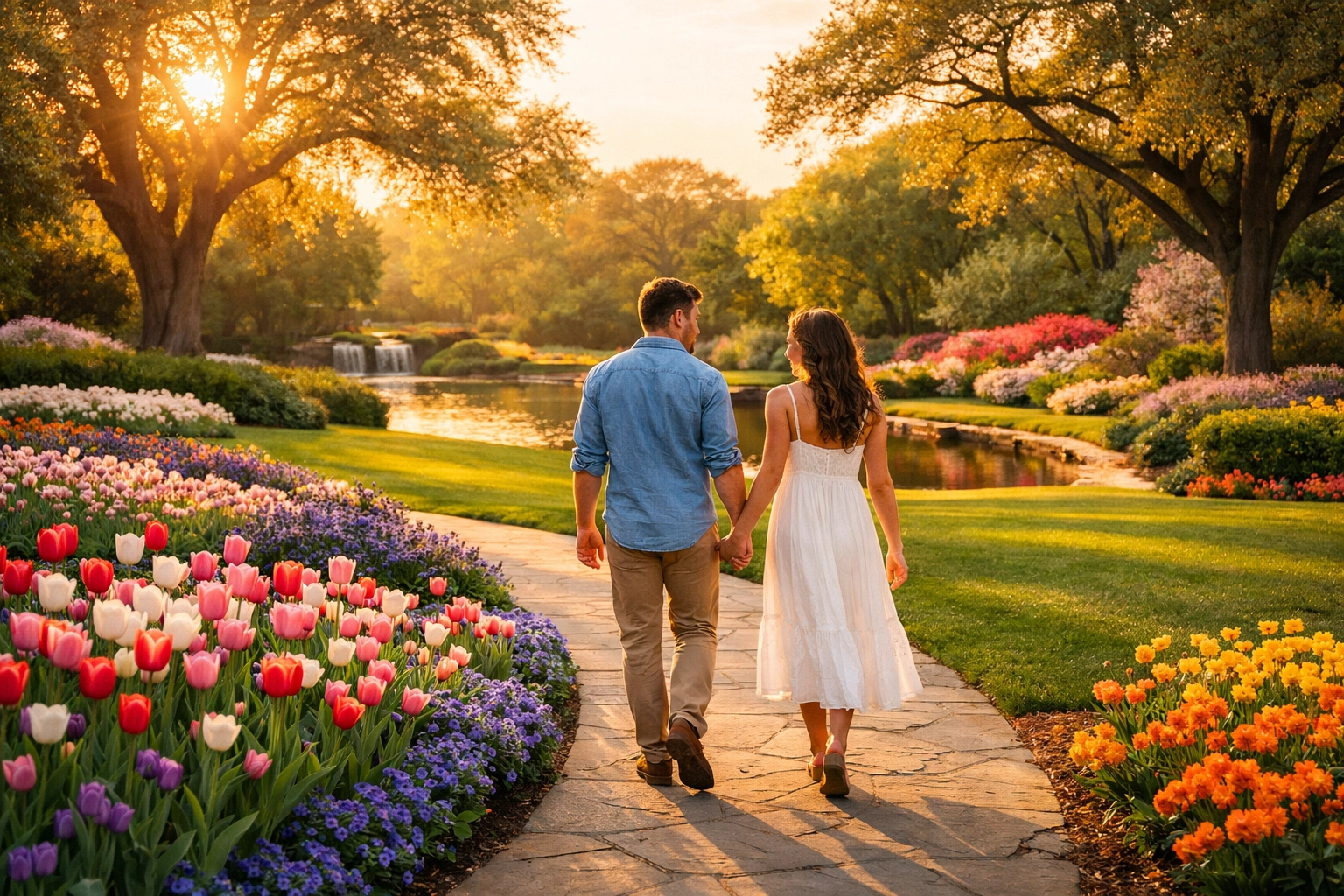 Romantic couple's photoshoot at the Dallas Arboretum showcasing lush gardens during golden hour.