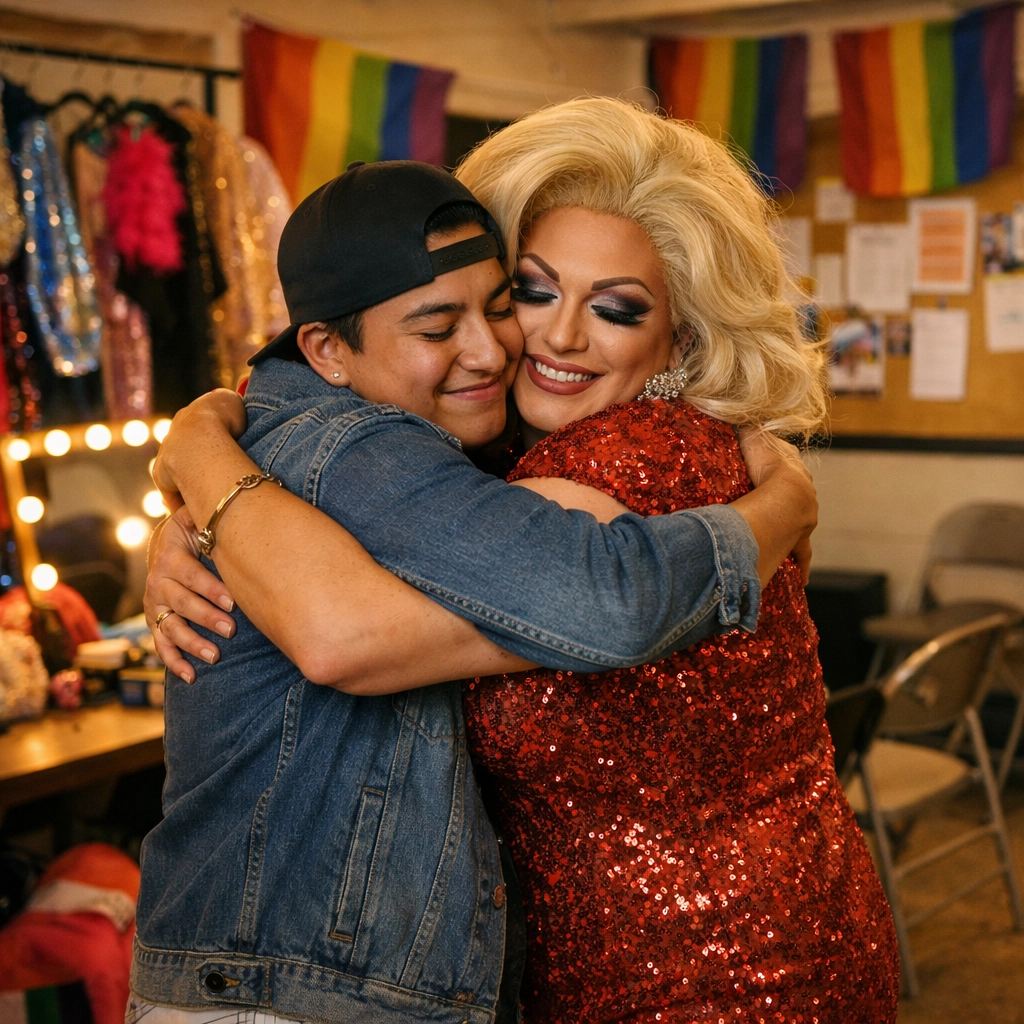 LGBTQ+ community members embracing at Pride center with drag costumes and rainbow flags