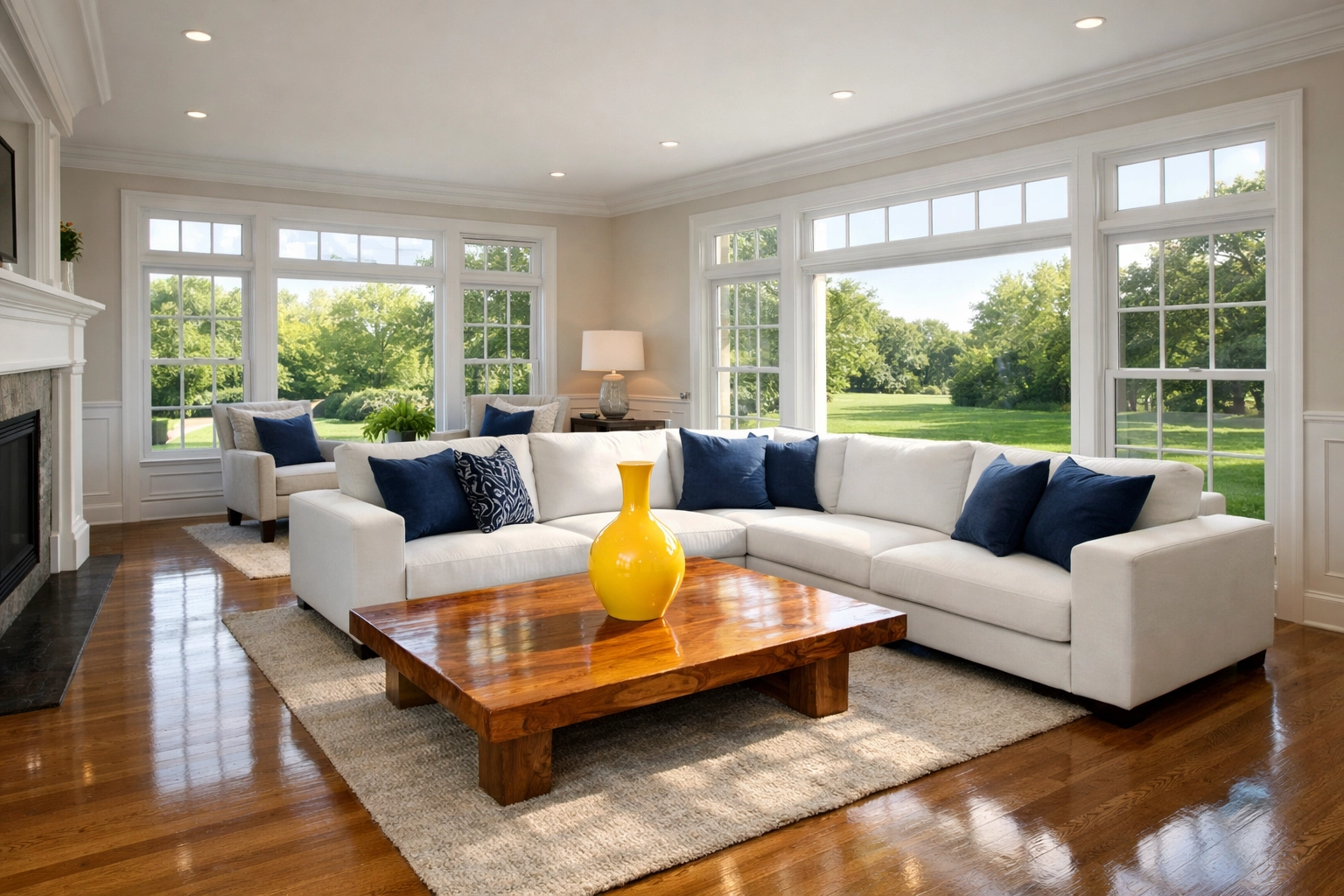 Clean, serene luxury living room in a Needham home after professional residential cleaning Needham MA.