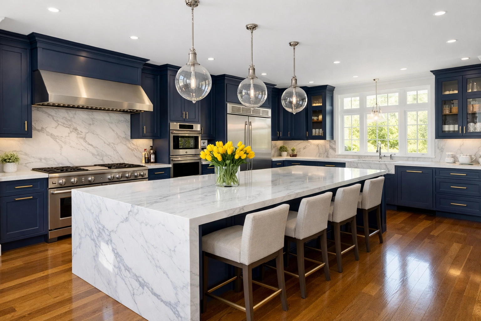 Modern luxury kitchen in Dover after expert residential cleaning Massachusetts, featuring white marble.