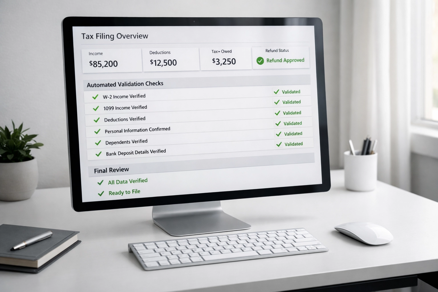 Automated tax return validation dashboard showing approval checkmarks for service bureau operations