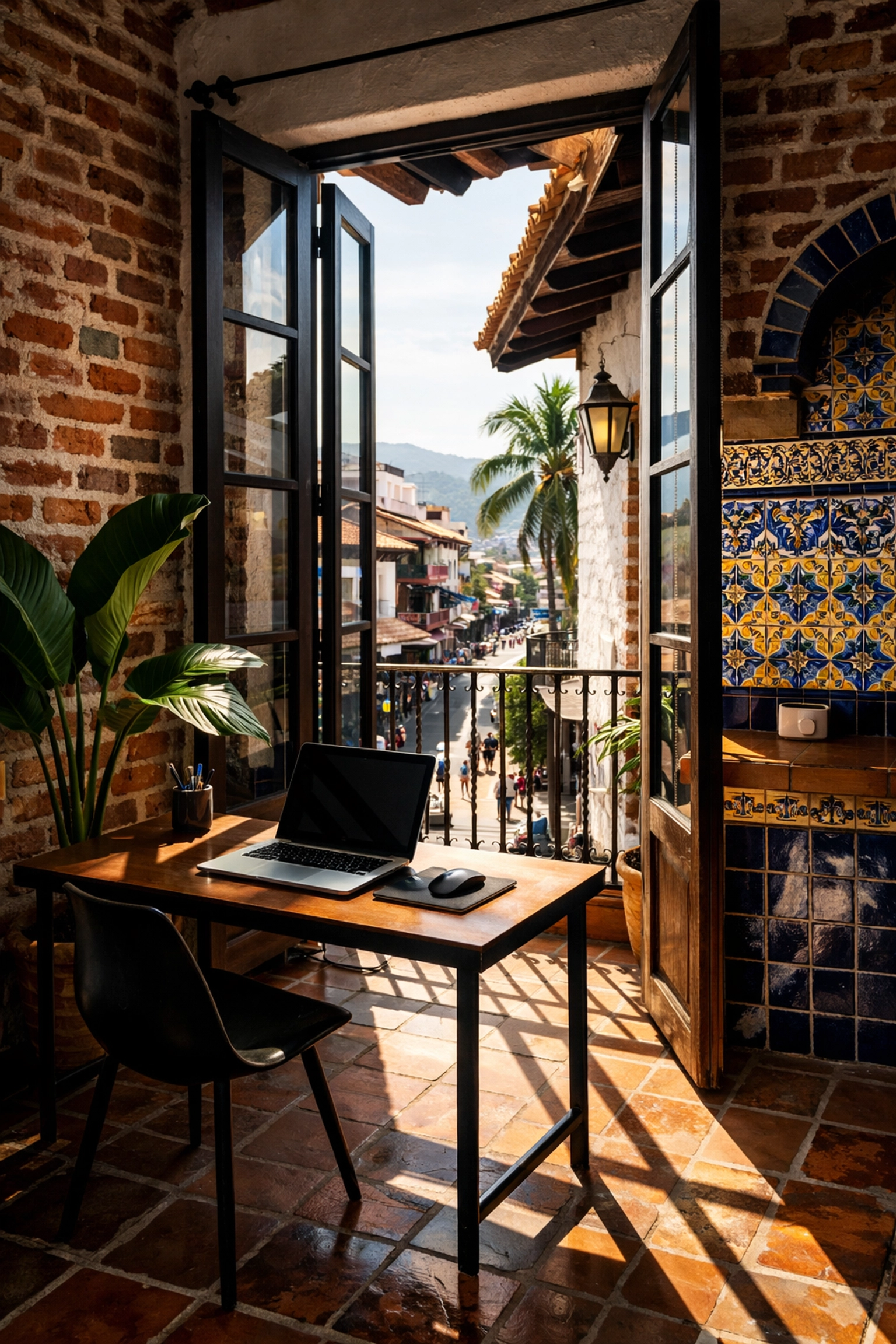 Colonial apartment interior with modern workspace in Puerto Vallarta rental