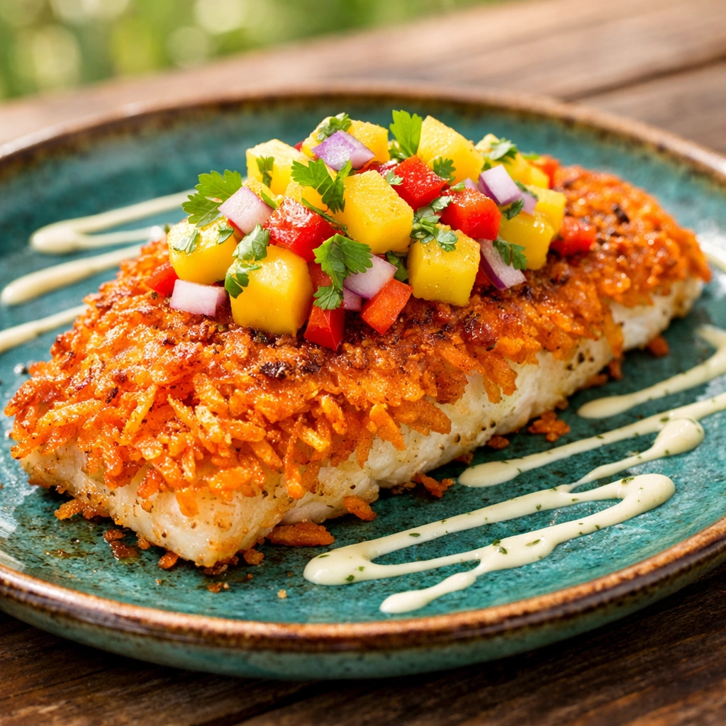 Signature sweet potato-crusted fish with fresh mango salsa, a fan-favorite Jupiter dining staple.