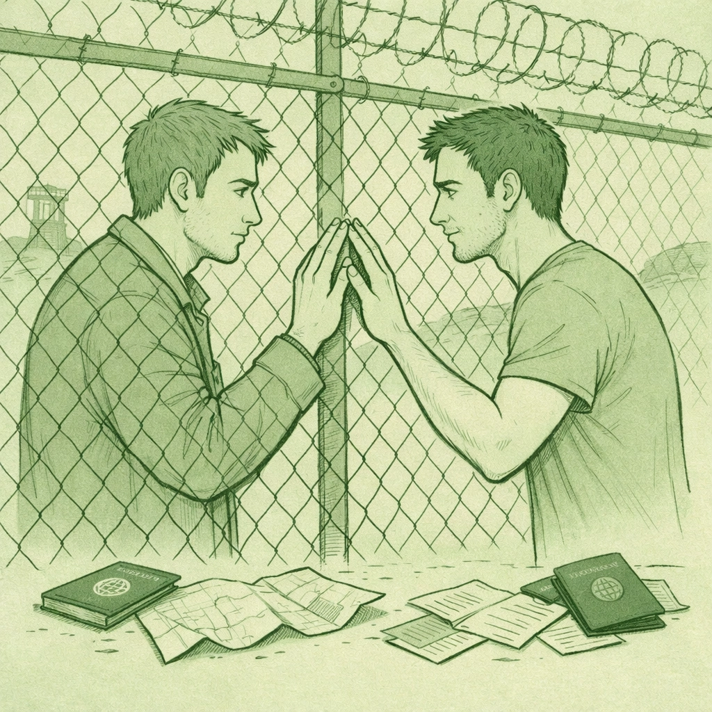 Two men separated by border barrier in forbidden international MM romance