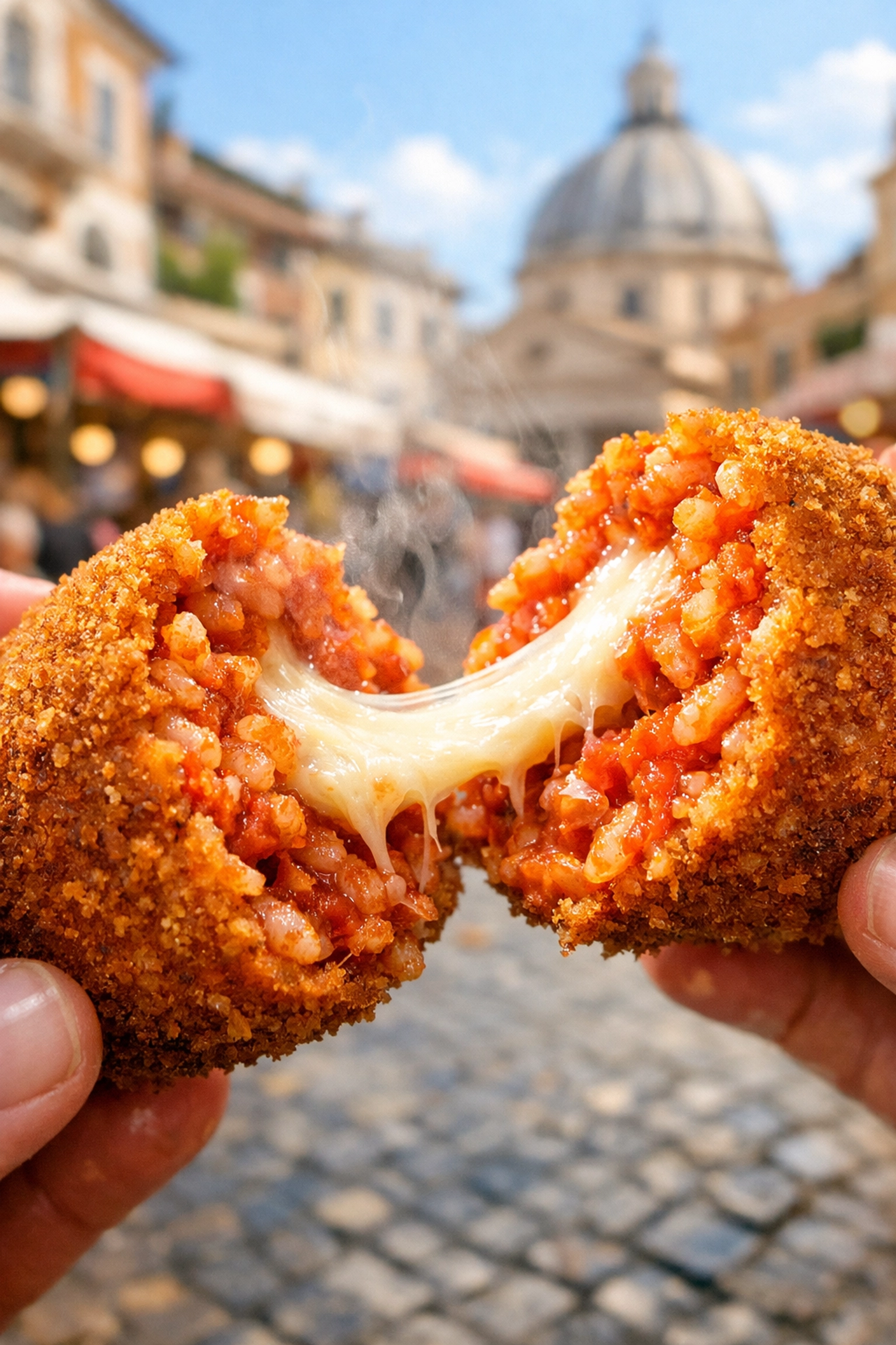 Cheesy Roman supplì street food, one of the best cheap eats for travelers on a budget in Italy.