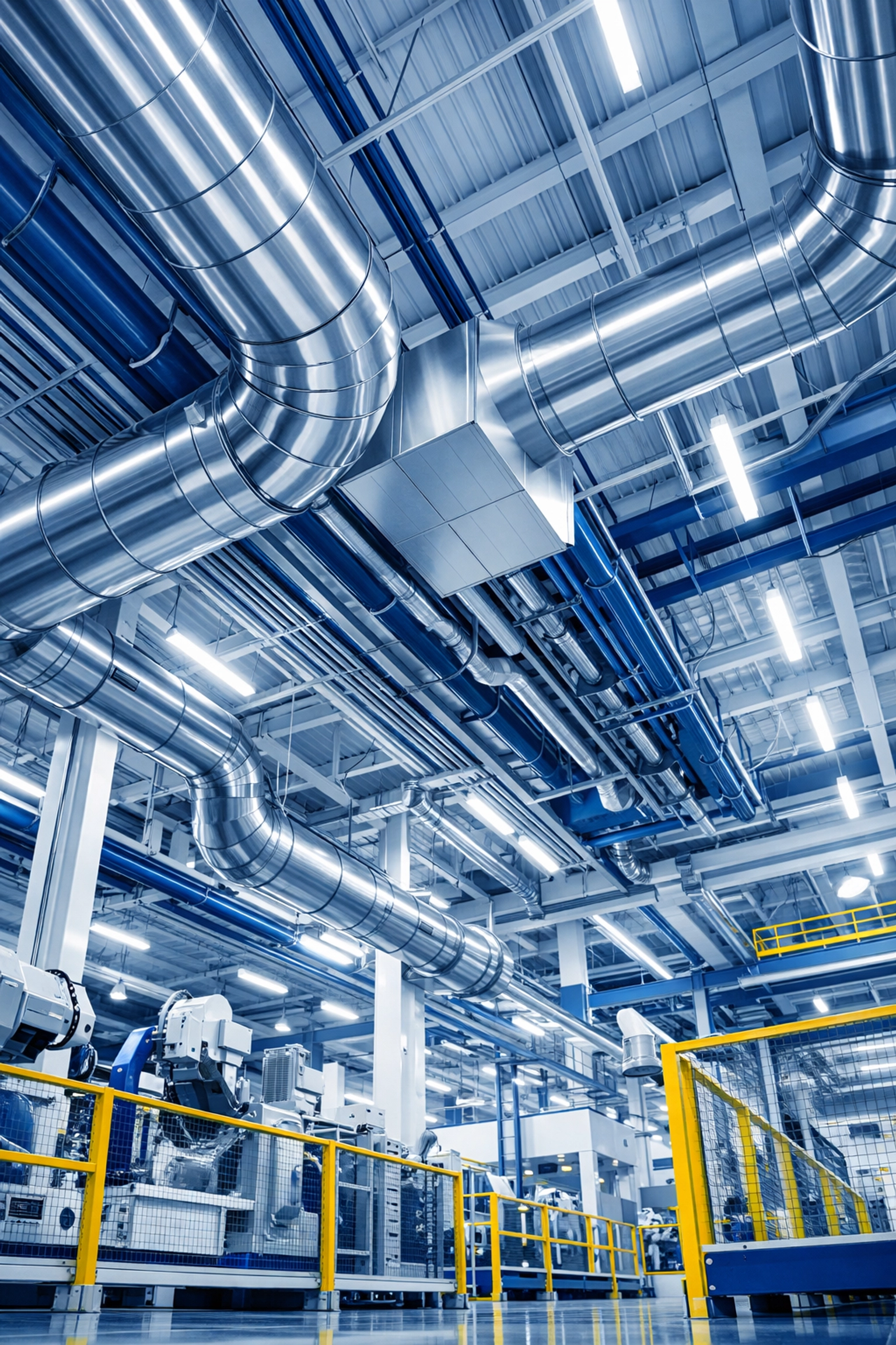 Modern industrial manufacturing floor in Massachusetts with clean pipes and ventilation systems.