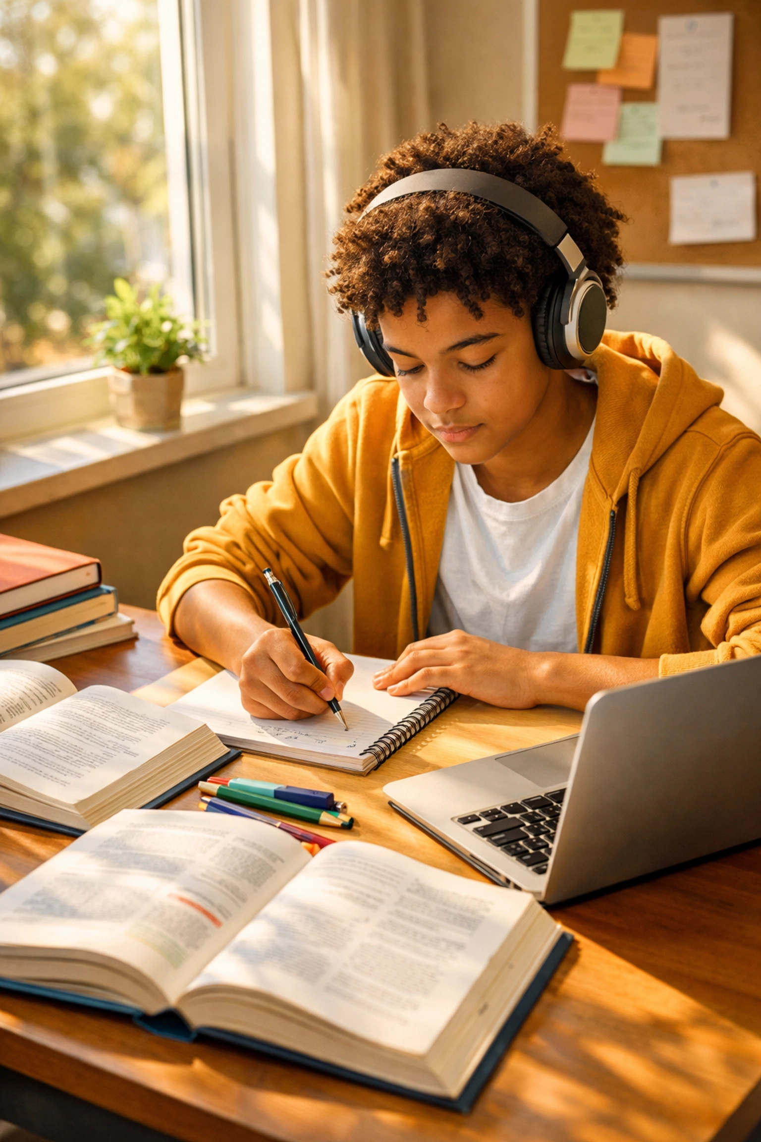 High school student studying independently at desk with laptop and textbooks by window
