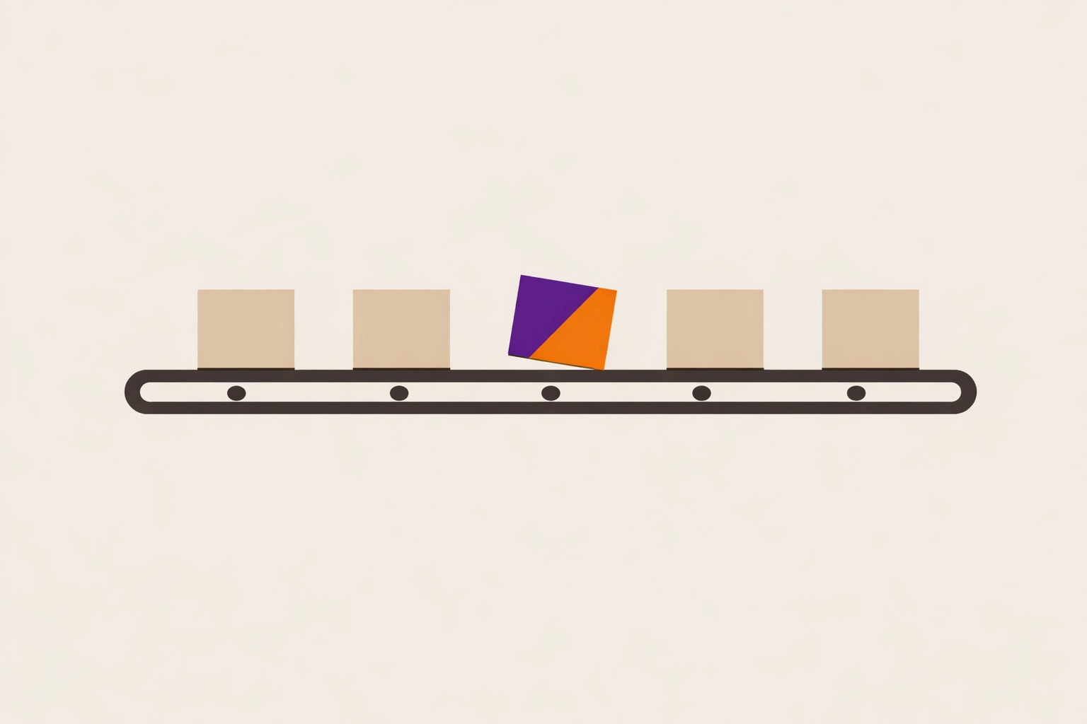 Minimal abstract illustration of a conveyor line with identical boxes and one distinctive accent box