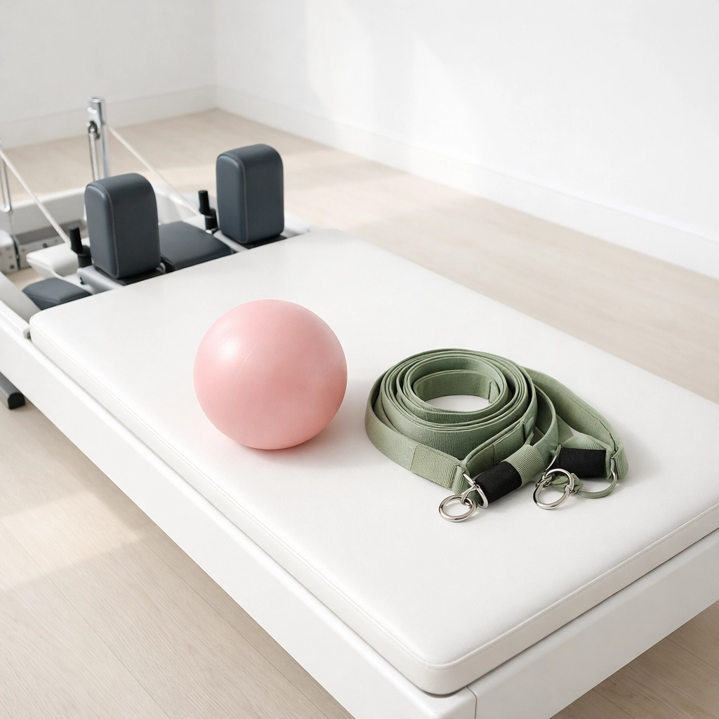 Minimalist Pilates reformer carriage with pink ball and straps for mobility and injury prevention in Denver RiNo.