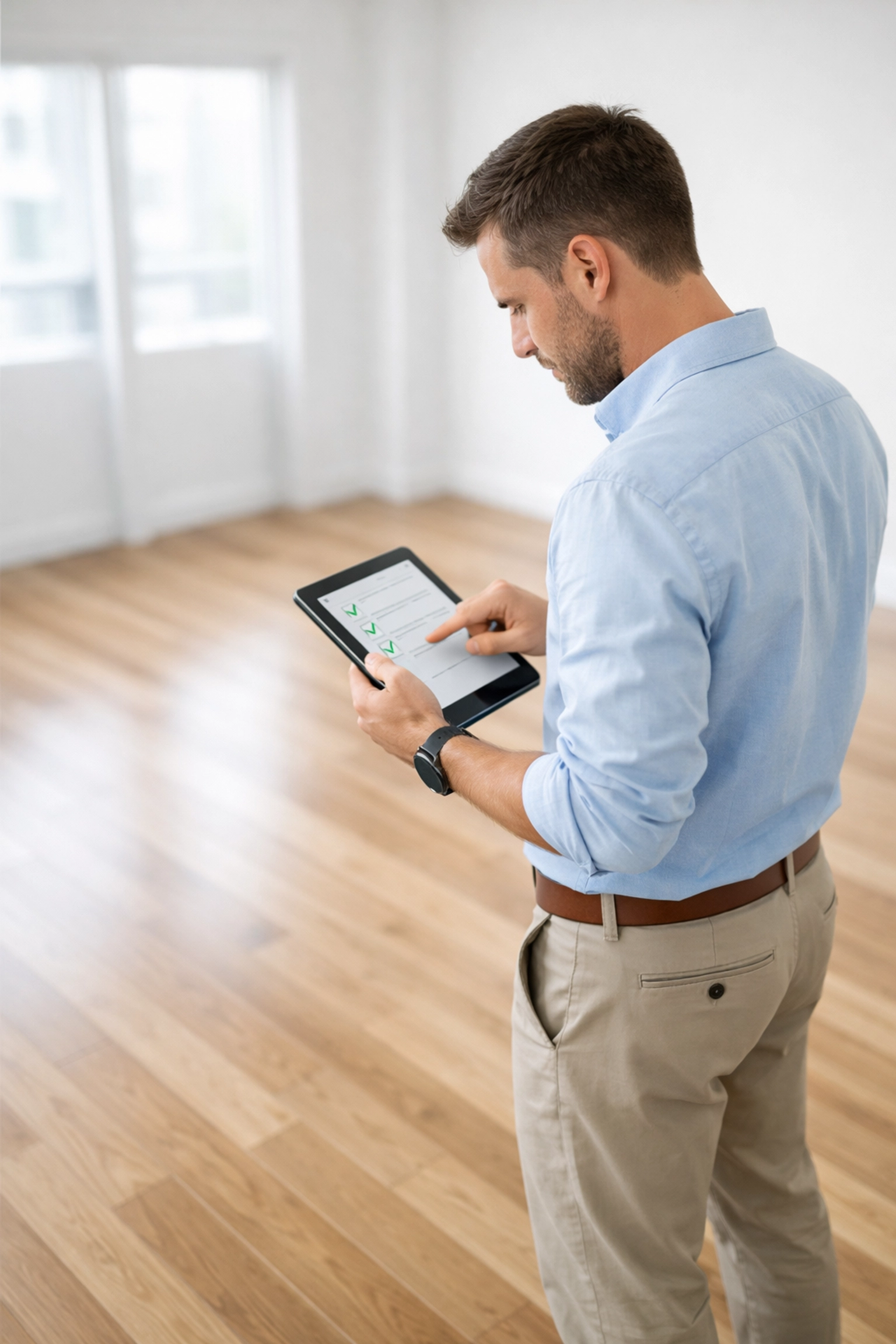 Property manager reviewing apartment make-ready checklist on tablet in empty unit