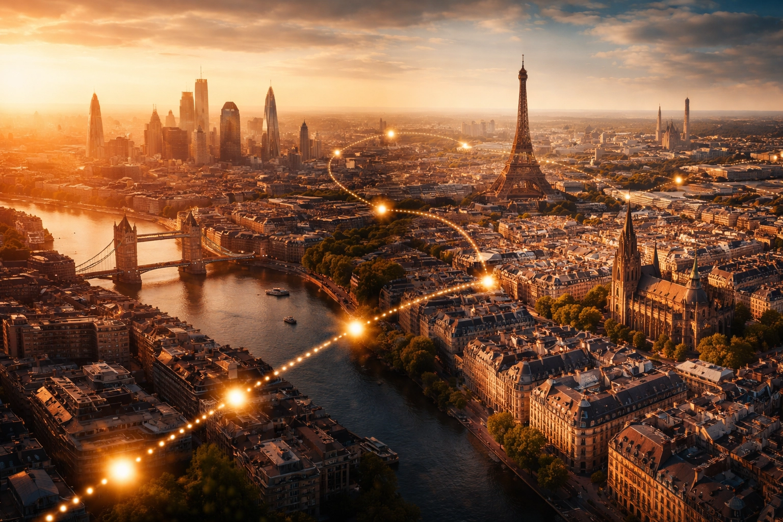 Panoramic view of European and UK skylines highlighting private equity geographic trends