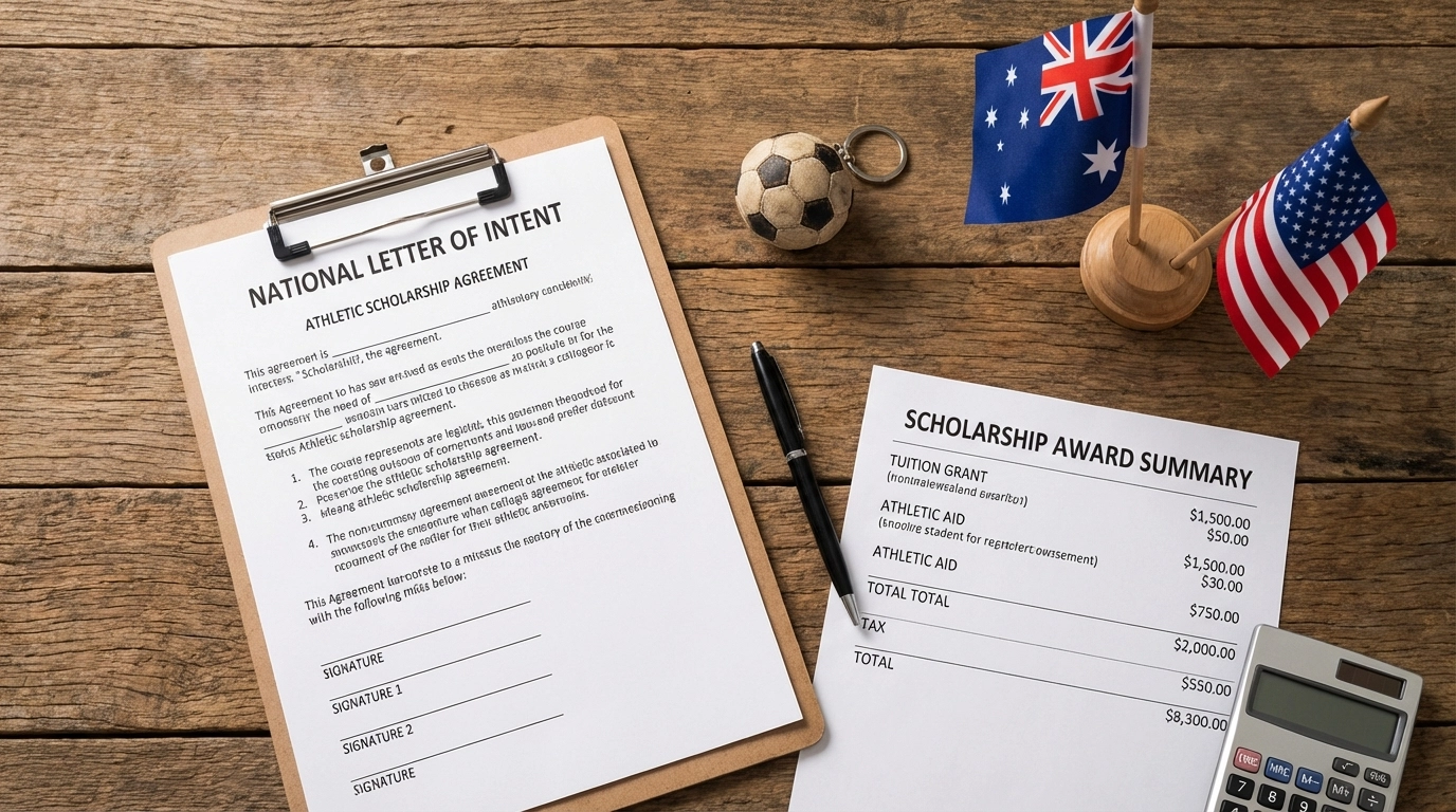 US college soccer National Letter of Intent and scholarship award paperwork – Australia to USA signing day