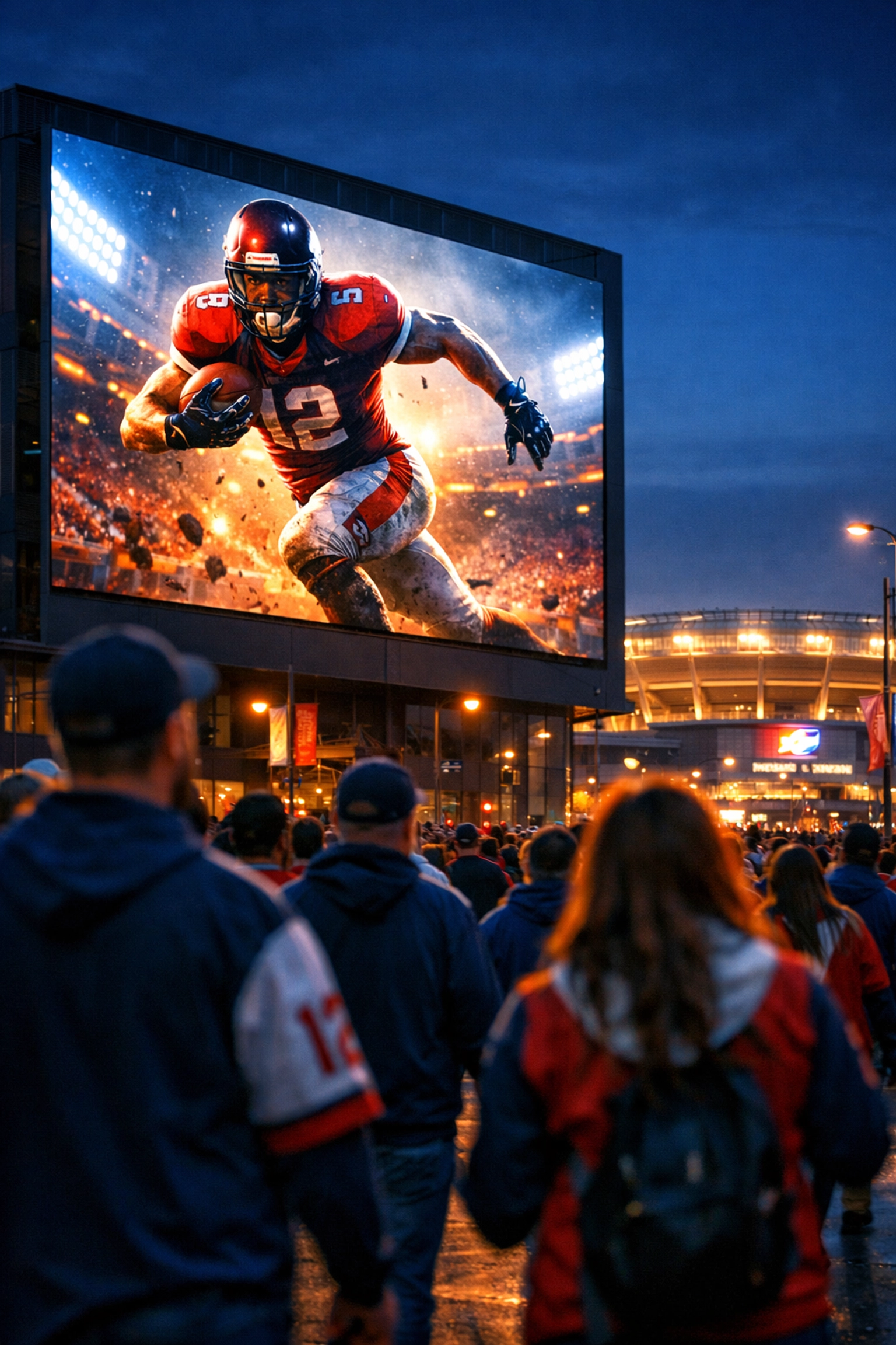 Fans viewing a large digital billboard on an urban street near a sports stadium during pre-game.