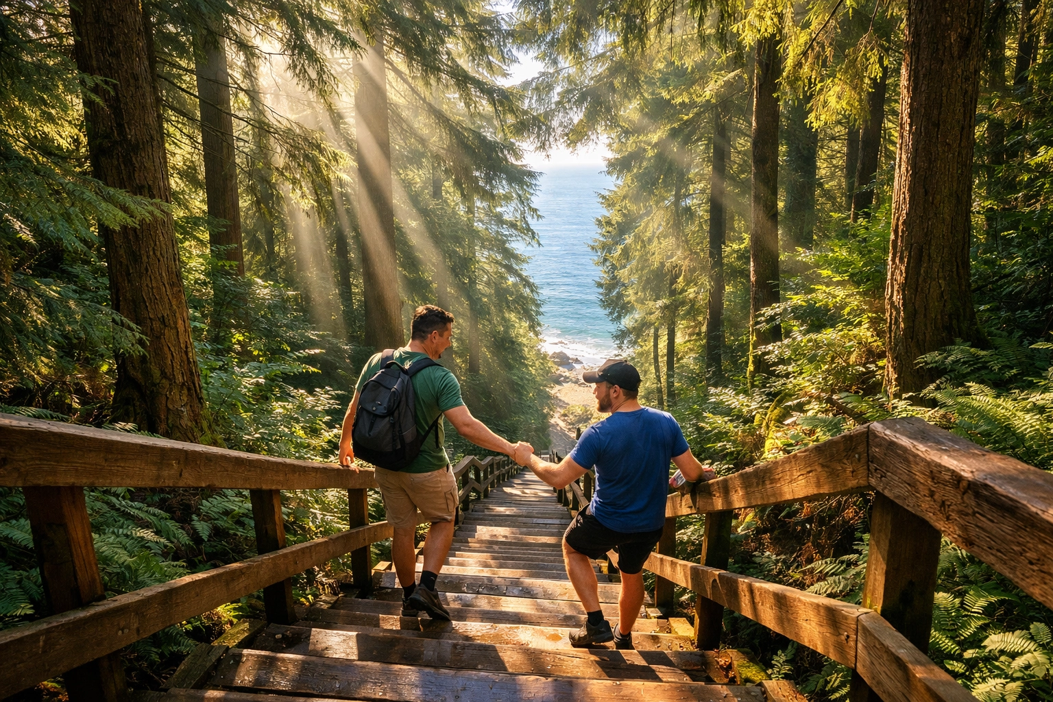Hikers descending wooden stairs through Pacific rainforest to Wreck Beach