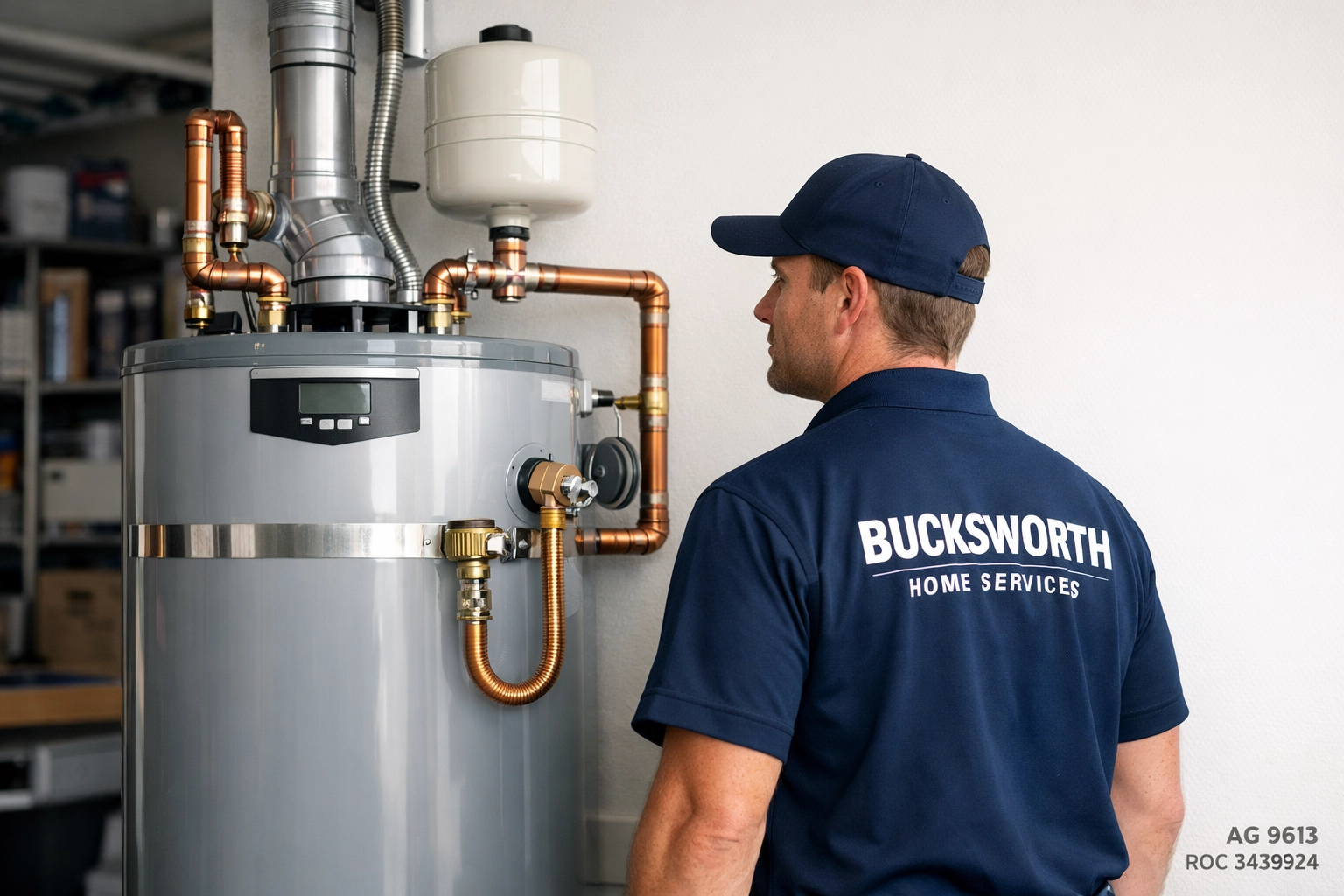 Expert water heater replacement in a Tolleson garage by a licensed Bucksworth Home Services technician.