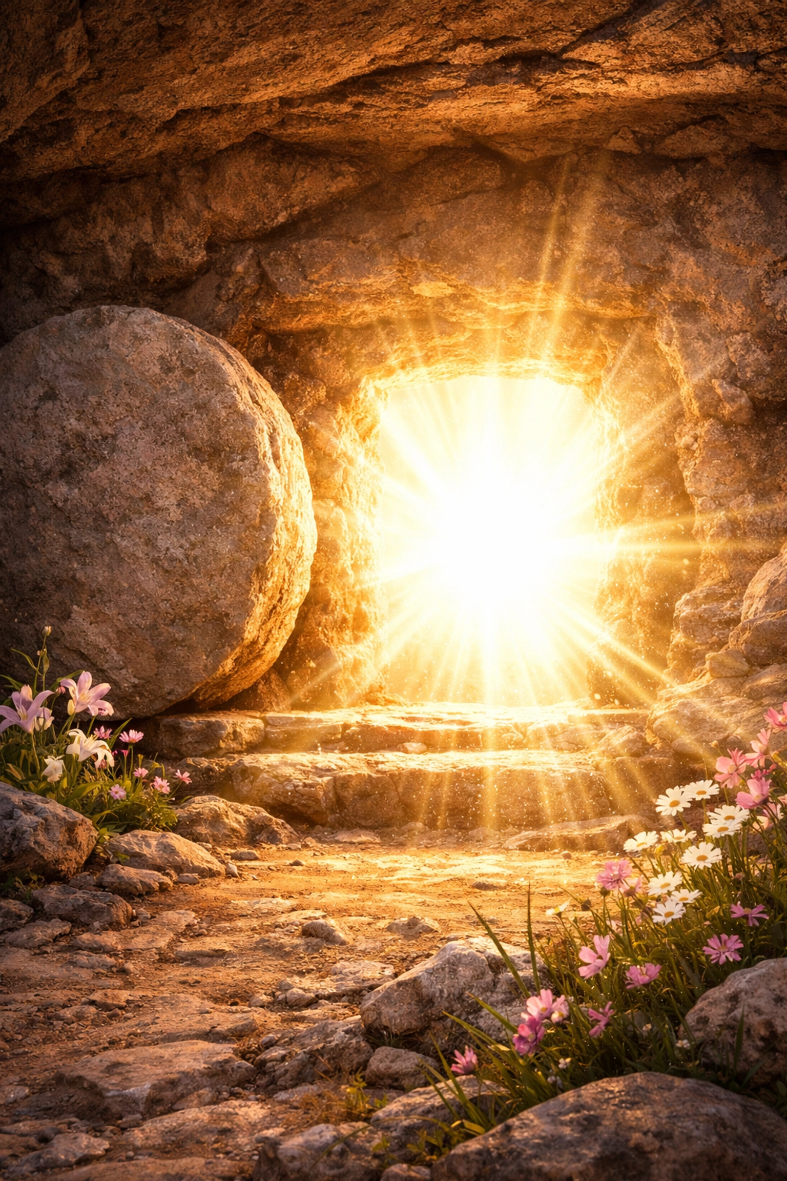 Empty tomb with light pouring out representing Jesus' resurrection and victory