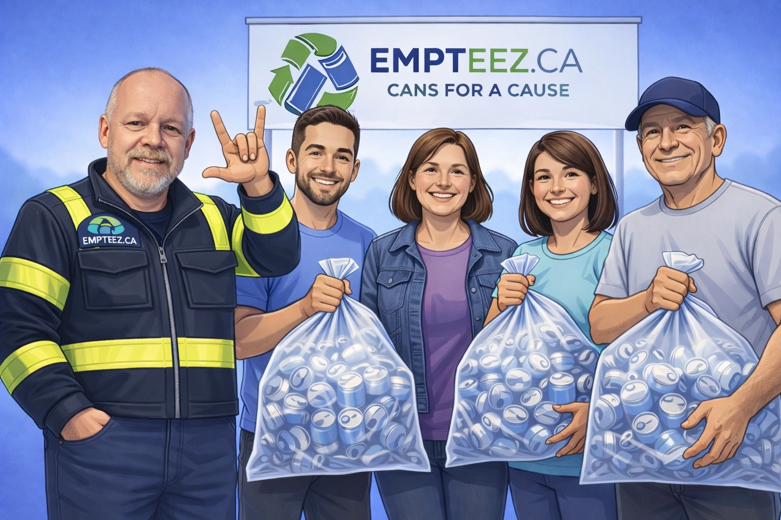 Tim 'Can Man' Kemsley with a group at a community event holding clear bags of cans