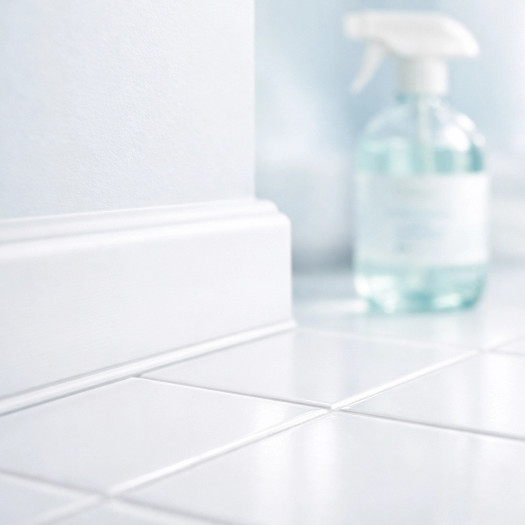 Detailed view of scrubbed bathroom tile and baseboards after professional house cleaning in Wellesley.