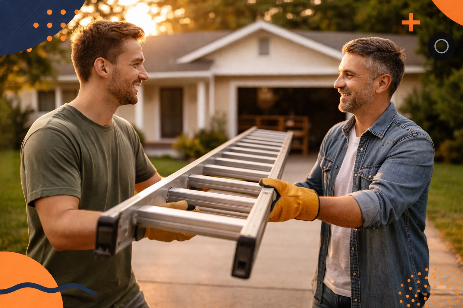 Two neighbors exchange an extension ladder in a driveway, showcasing trust and community in peer-to-peer tool sharing.