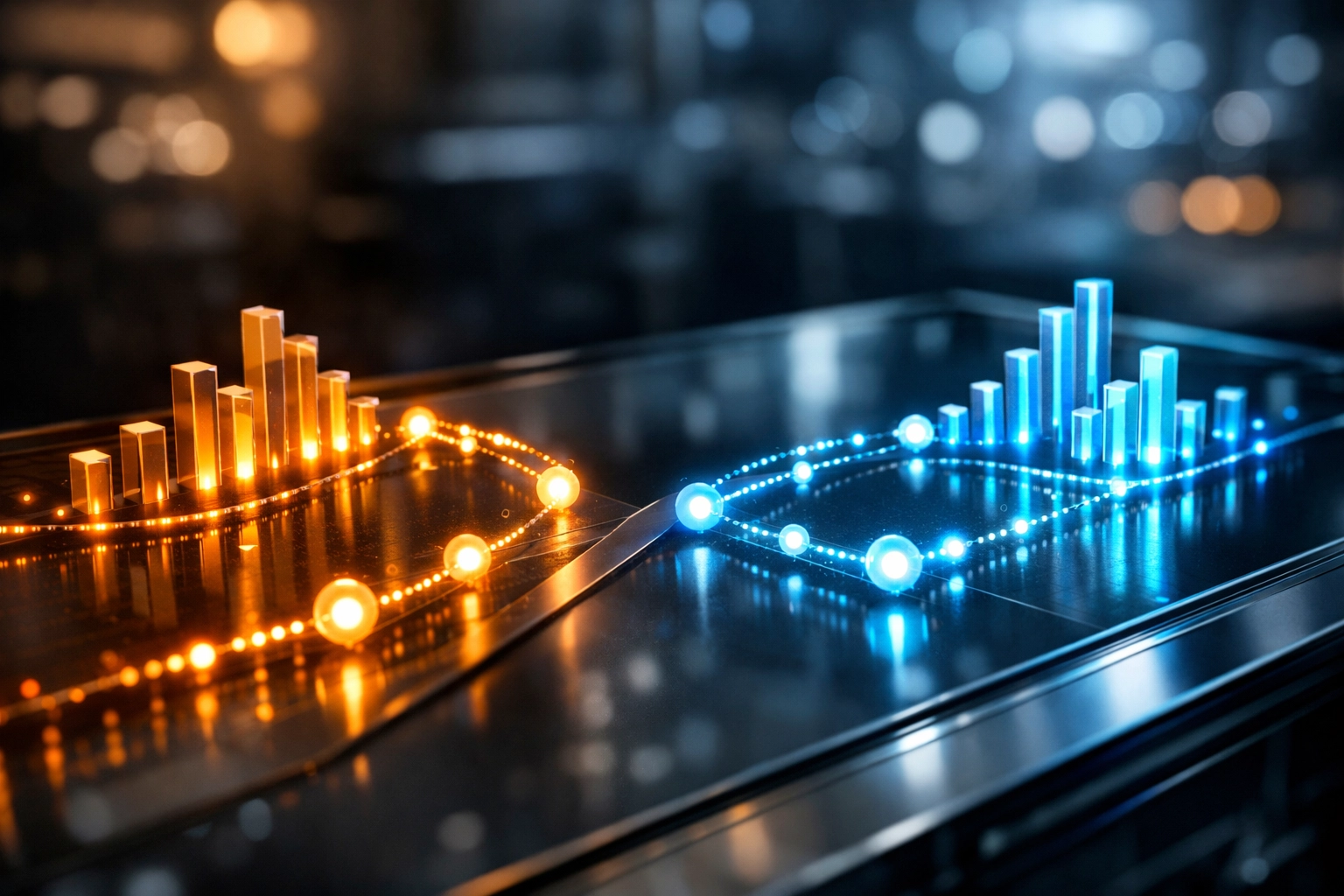 Holographic data nodes showing a split test for email marketing optimization metrics.