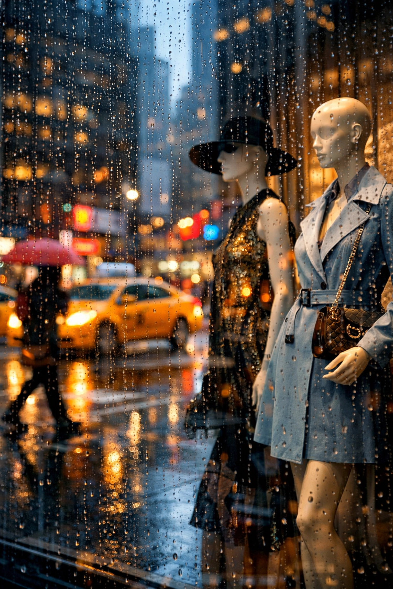 Creative street photography idea showing a rainy city reflection on a glass shop window.
