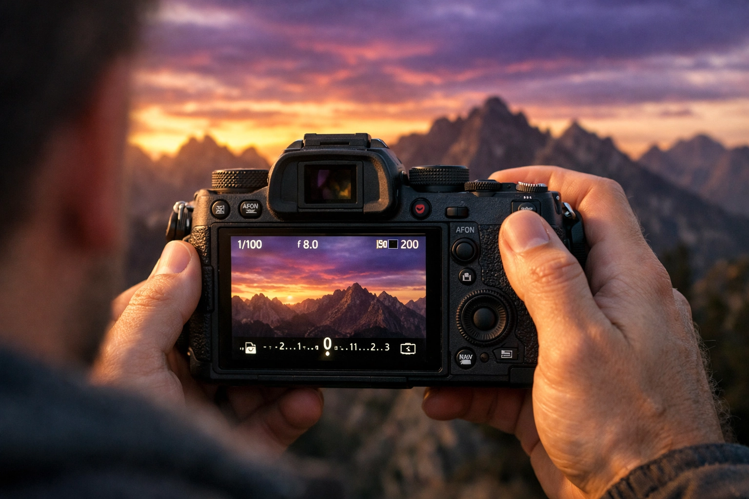 How to use manual mode camera exposure meter to balance settings for a sunset mountain landscape.