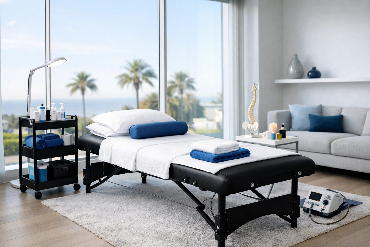 Professional in-home PhysioMassage therapy setup in a bright Santa Monica residence for athlete recovery.