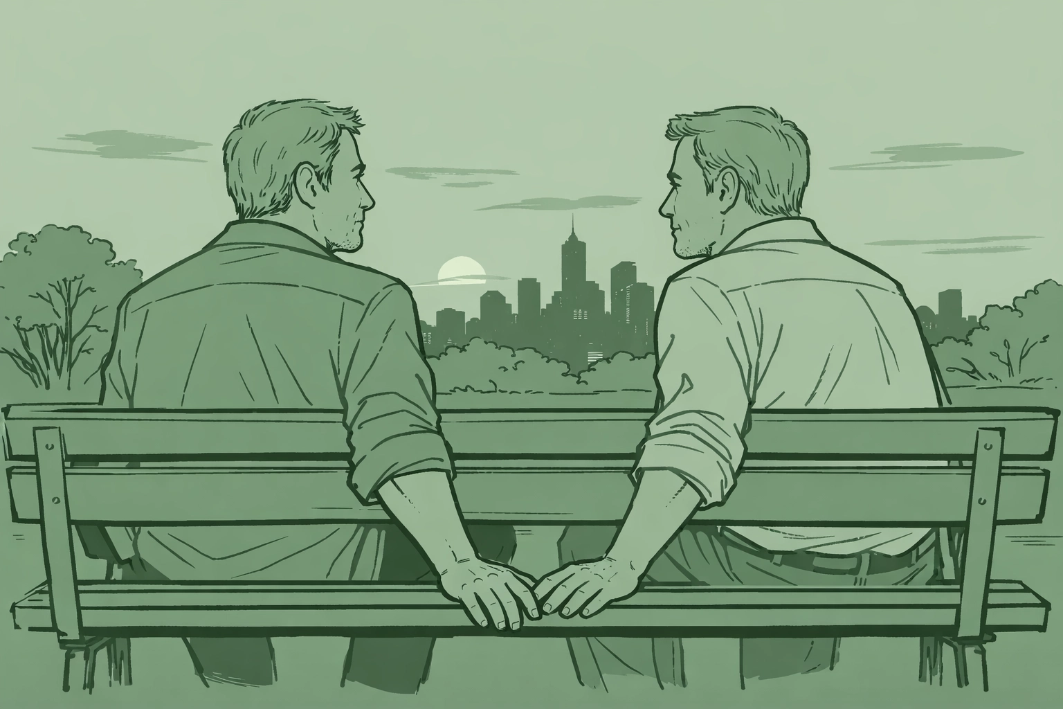 Mature gay men connecting on park bench - late bloomer romance at 40