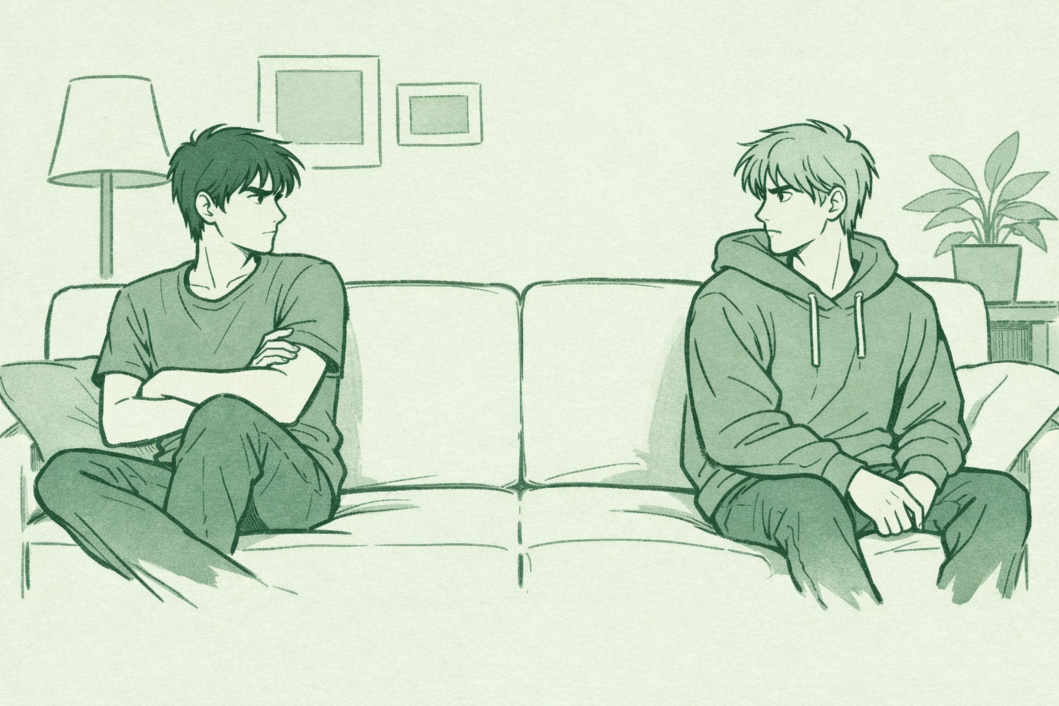 Two stepbrothers sitting apart with tension in blended LGBTQ family MM romance story