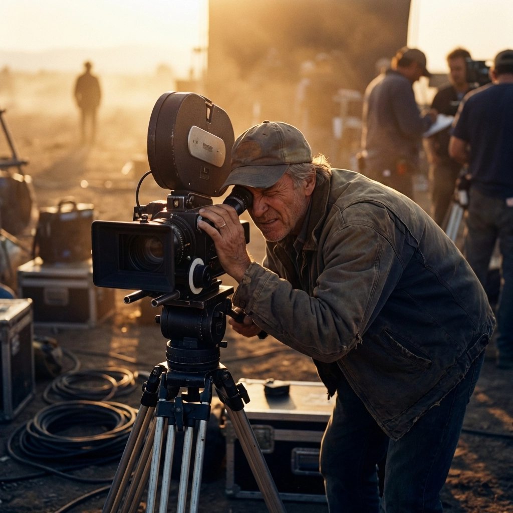 Documentary filmmaker focusing through camera, illustrating narrowing story focus in documentary filmmaking.