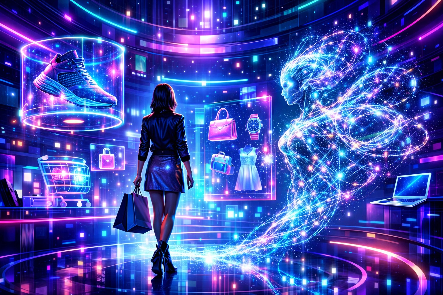 Futuristic B2B2C metaverse retail space featuring AI-curated shopping and Web3 global payment integration.