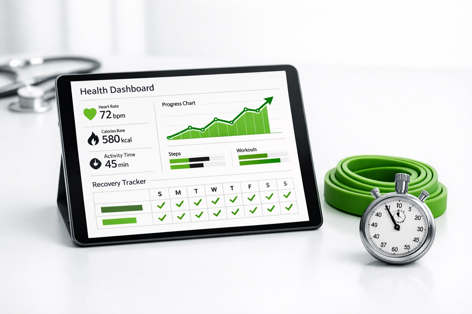 Digital dashboard on a tablet showing physical therapy progress data and exercise tracking for post-surgical rehab.