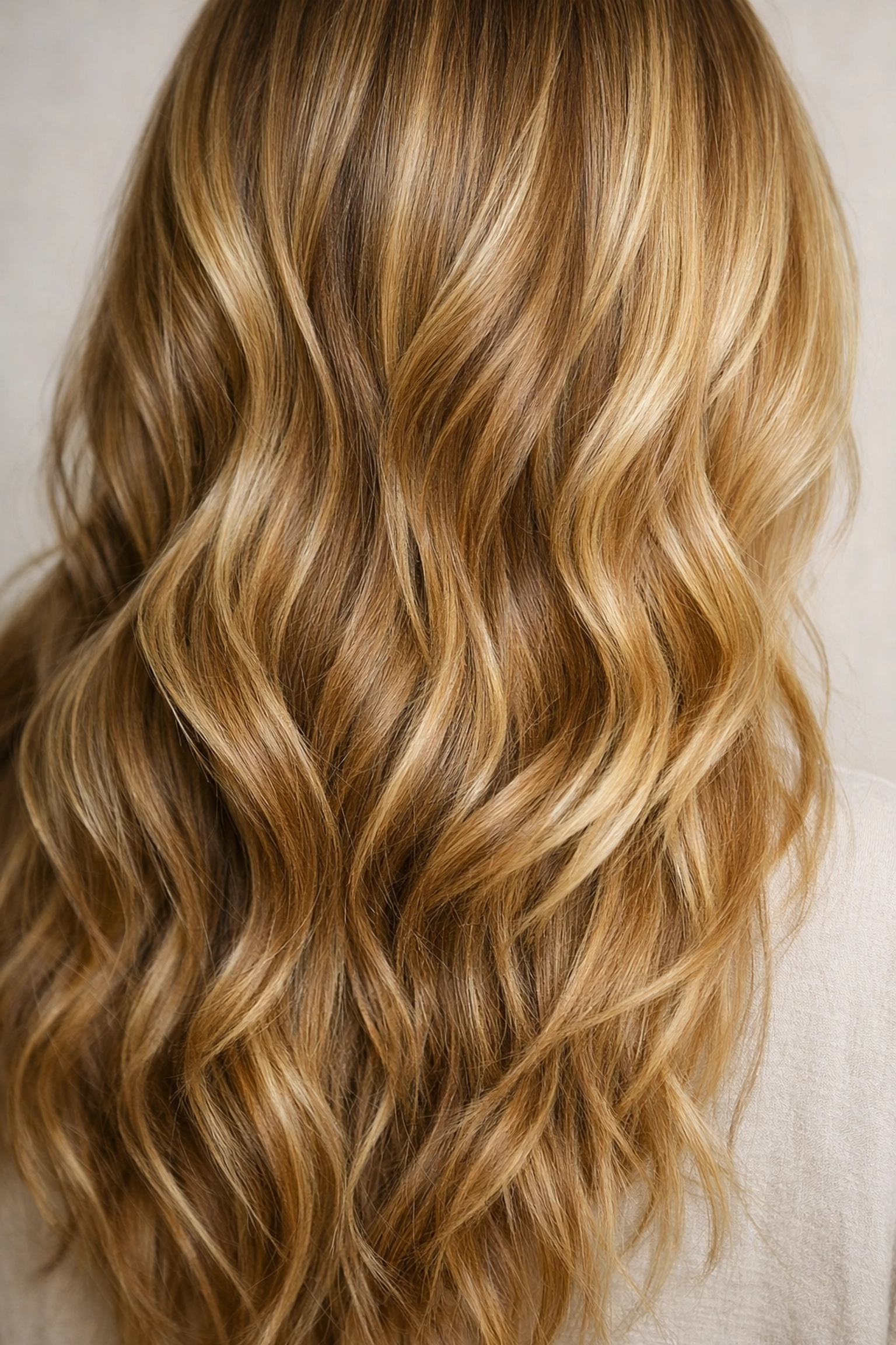 Lived-in honey blonde and caramel hair color transformation with glossy waves.