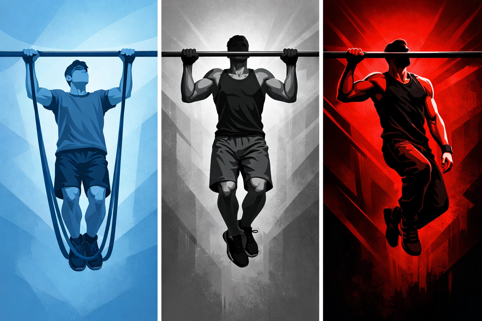 Progressive overload in calisthenics showing beginner to advanced pull-up variations